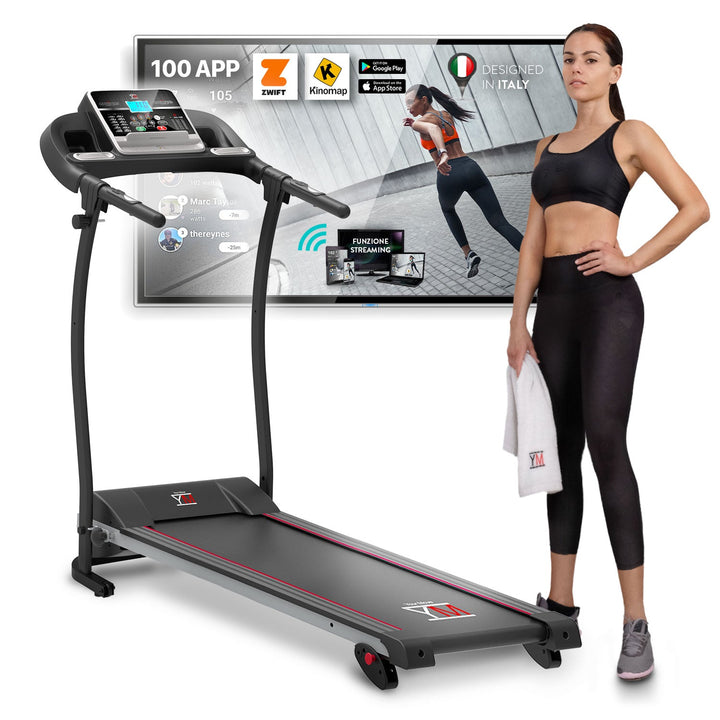 Tapis roulant elettrico Your Move YM TAP 100 APP, Nuovo Design, pieghevole e salvaspazio, con App compatibili dedicate per allenamento online, inclinazione e velocità fino a 11 Km/h.