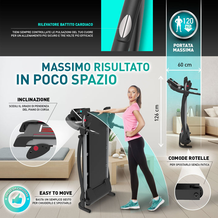 Tapis roulant elettrico Your Move YM TAP 100 APP, Nuovo Design, pieghevole e salvaspazio, con App compatibili dedicate per allenamento online, inclinazione e velocità fino a 11 Km/h.