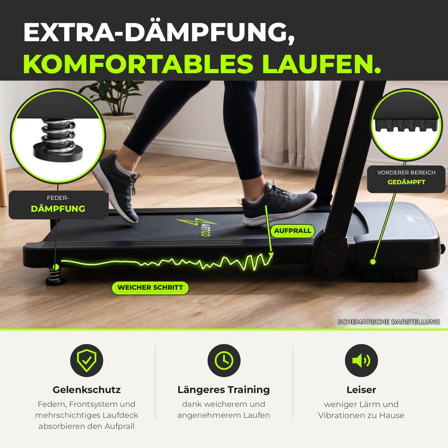 Laufband ArtGo Raffaello: verstärkte Dämpfung mit Federn und dämpfendem Vorderteil