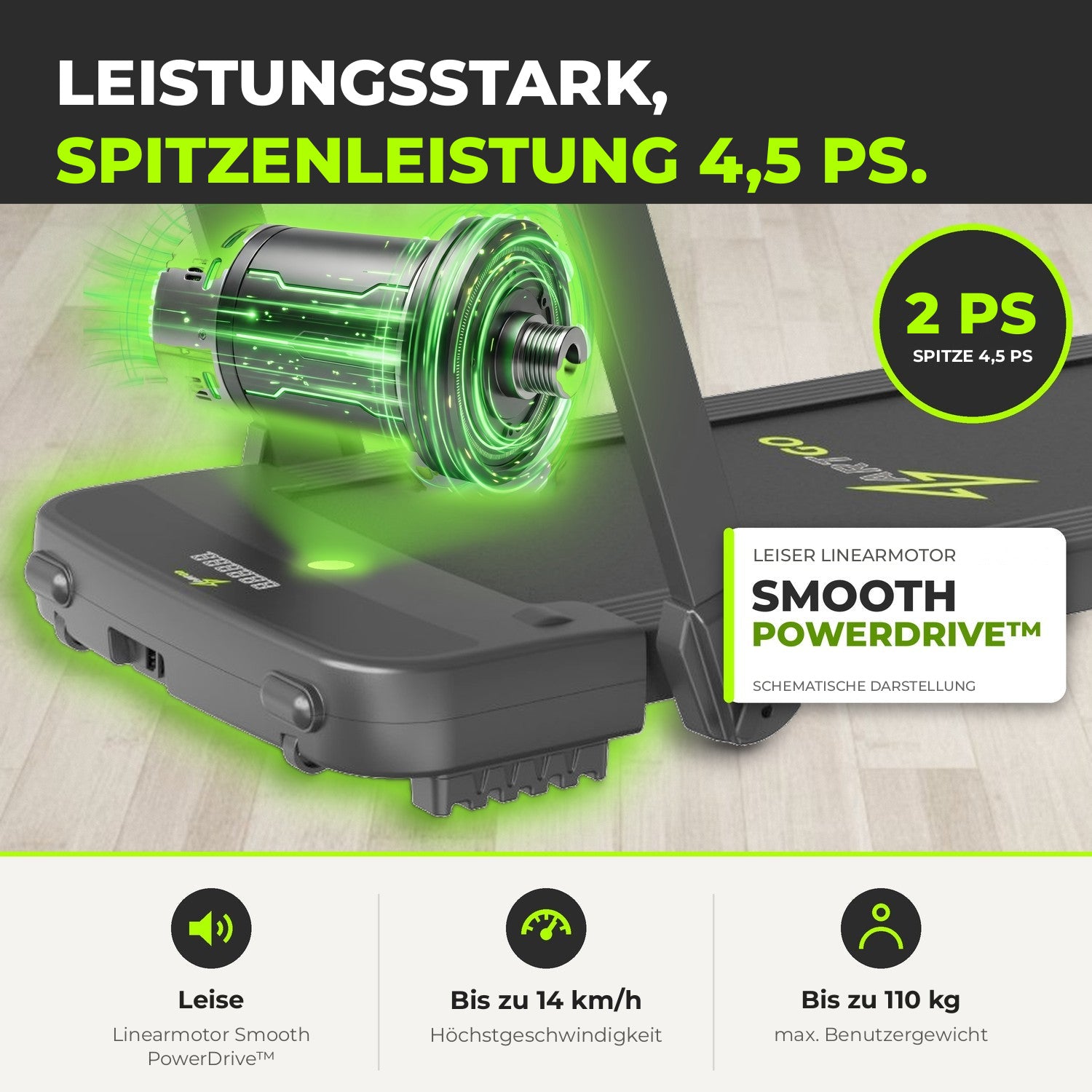 Laufband ArtGo Raffaello: 2-PS-Motor, Spitze 4,5 PS, leiser Smooth PowerDrive