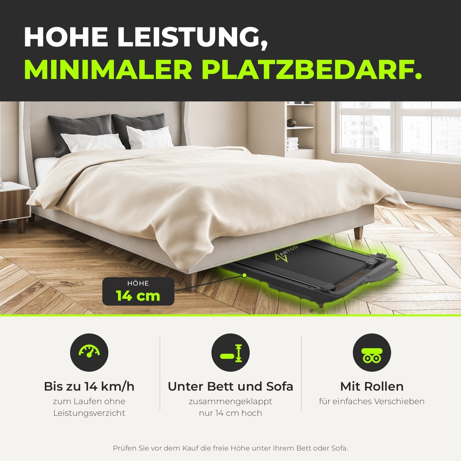 Laufband ArtGo Raffaello: bis 14 km/h, zusammengeklappt nur 14 cm hoch, passt unter Bett und Sofa