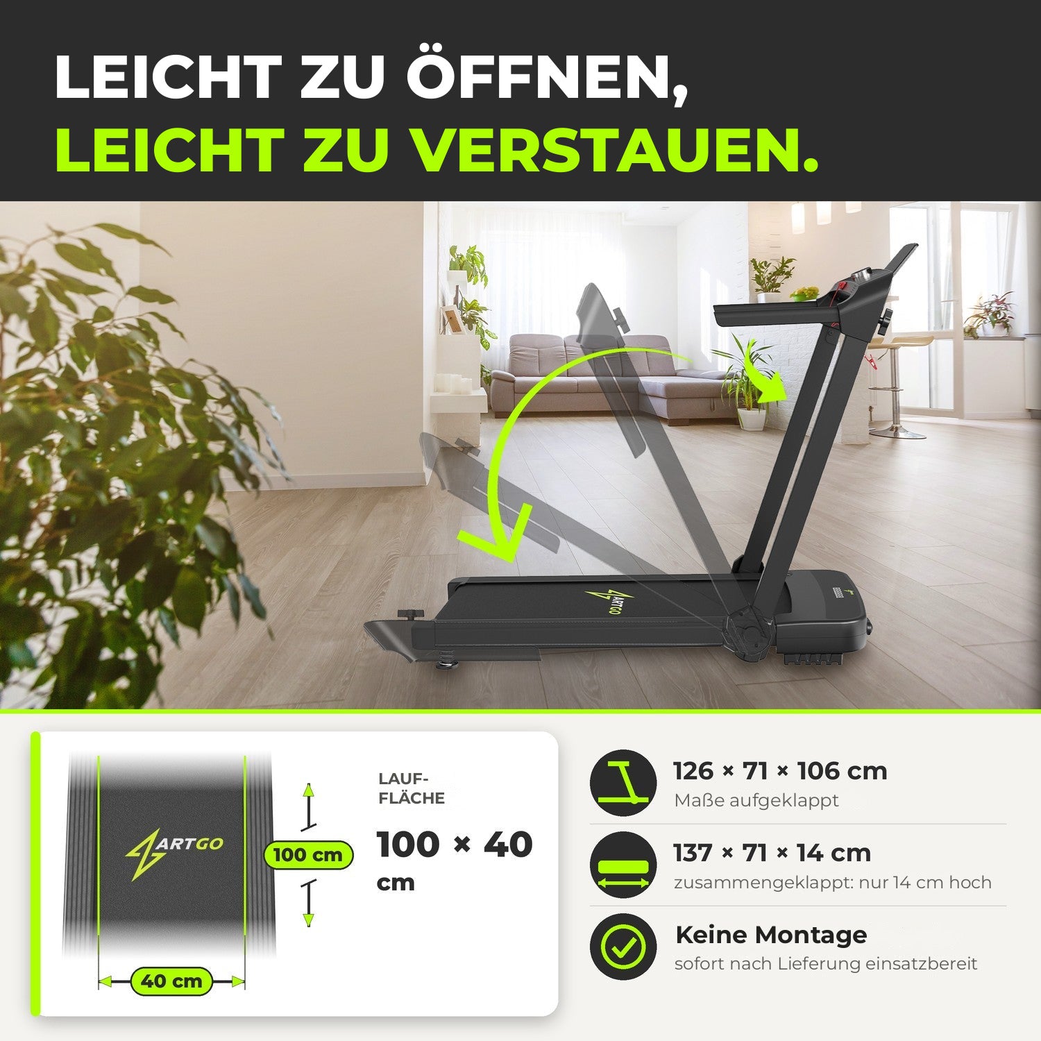 Laufband ArtGo Raffaello klappbar, leicht zu öffnen und zu verstauen, ohne Montage