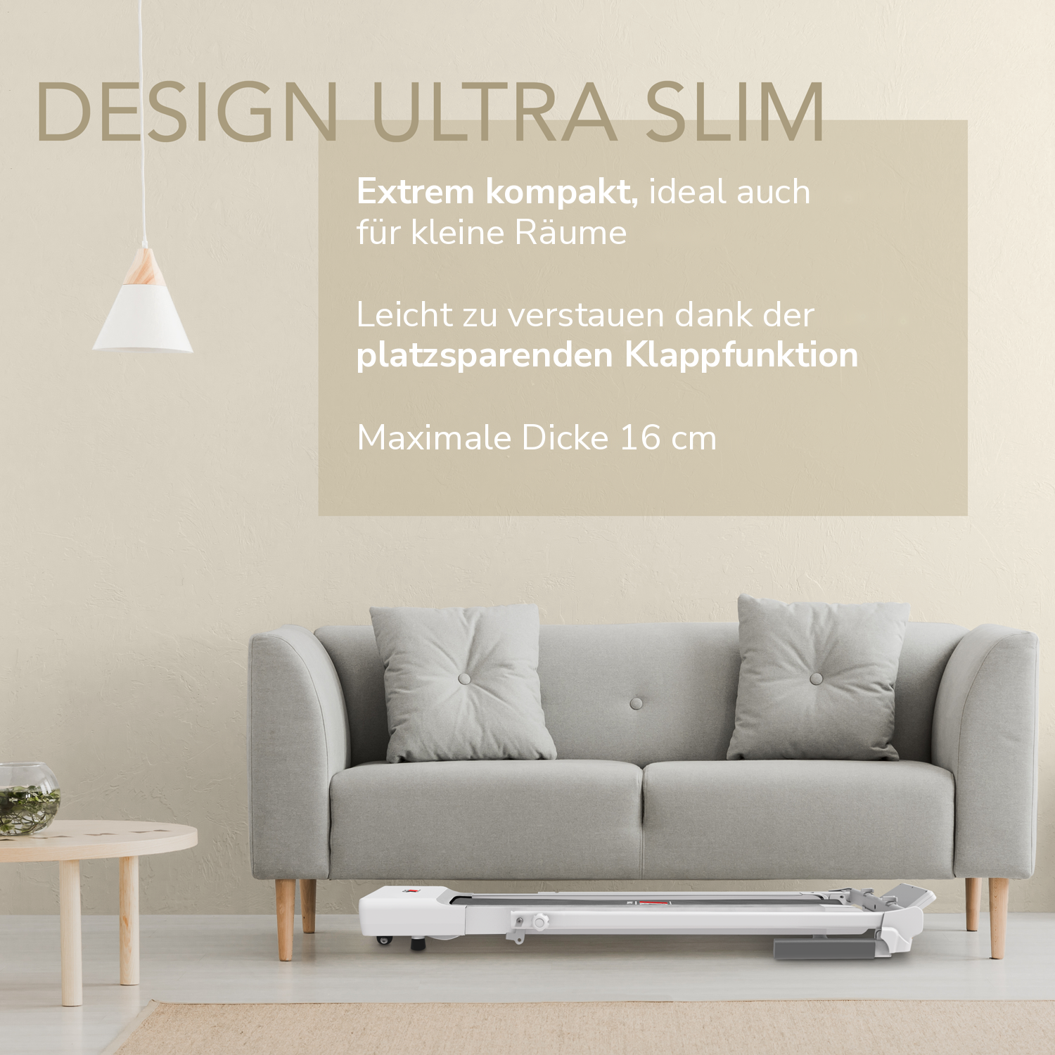 Laufband NEXT 1000 weiß generalüberholt im Ultra-Slim-Design: extrem kompakt, platzsparend klappbar, maximale Dicke 16 cm