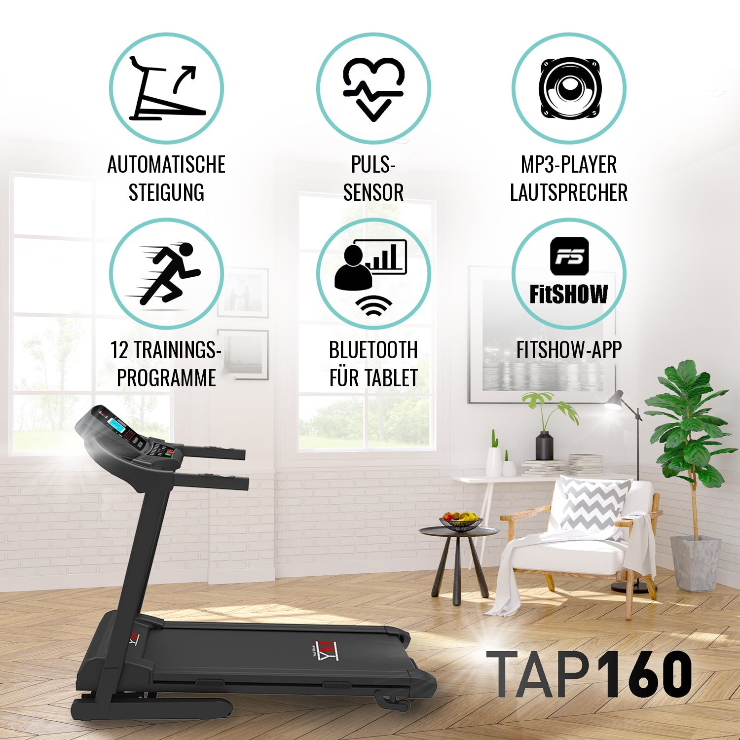 Laufband TAP 160: automatische Steigung, Pulssensor, MP3-Player mit Lautsprechern, 12 Trainingsprogramme, Bluetooth für Tablet, FitShow-App