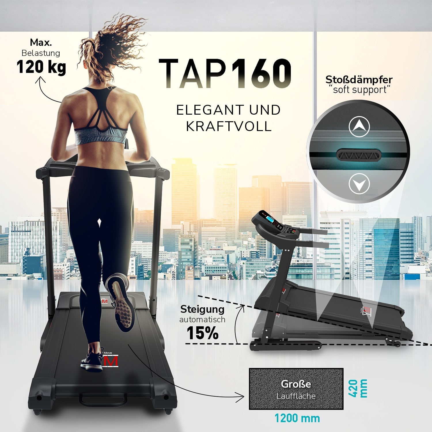 Laufband TAP 160: max. Belastung 120 kg, Stoßdämpfer, automatische Steigung 15 %, Lauffläche 1200 x 420 mm