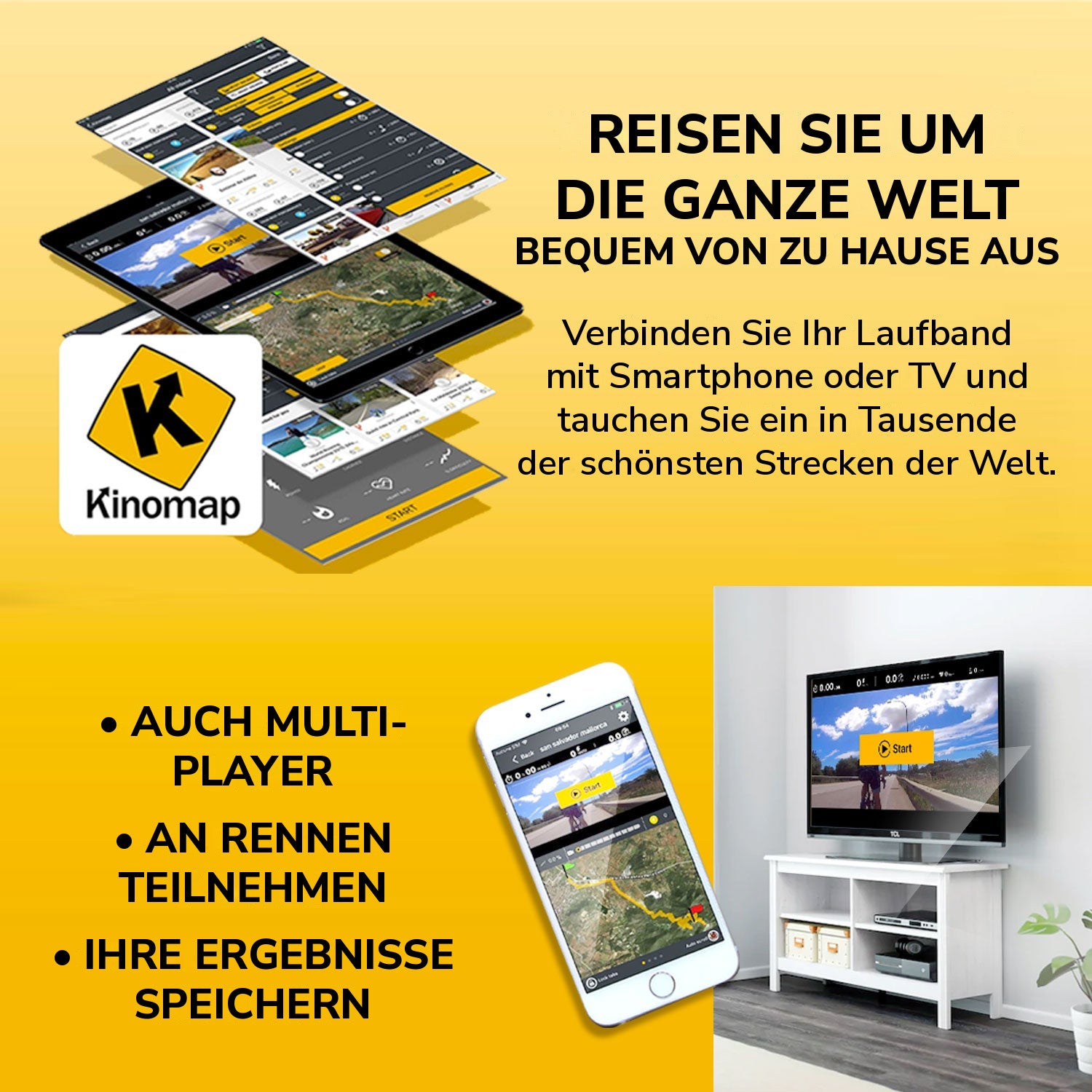 Laufband TAP 100 ST mit Kinomap: Strecken aus aller Welt bequem von zu Hause, Multiplayer, Rennen und Ergebnisse speichern
