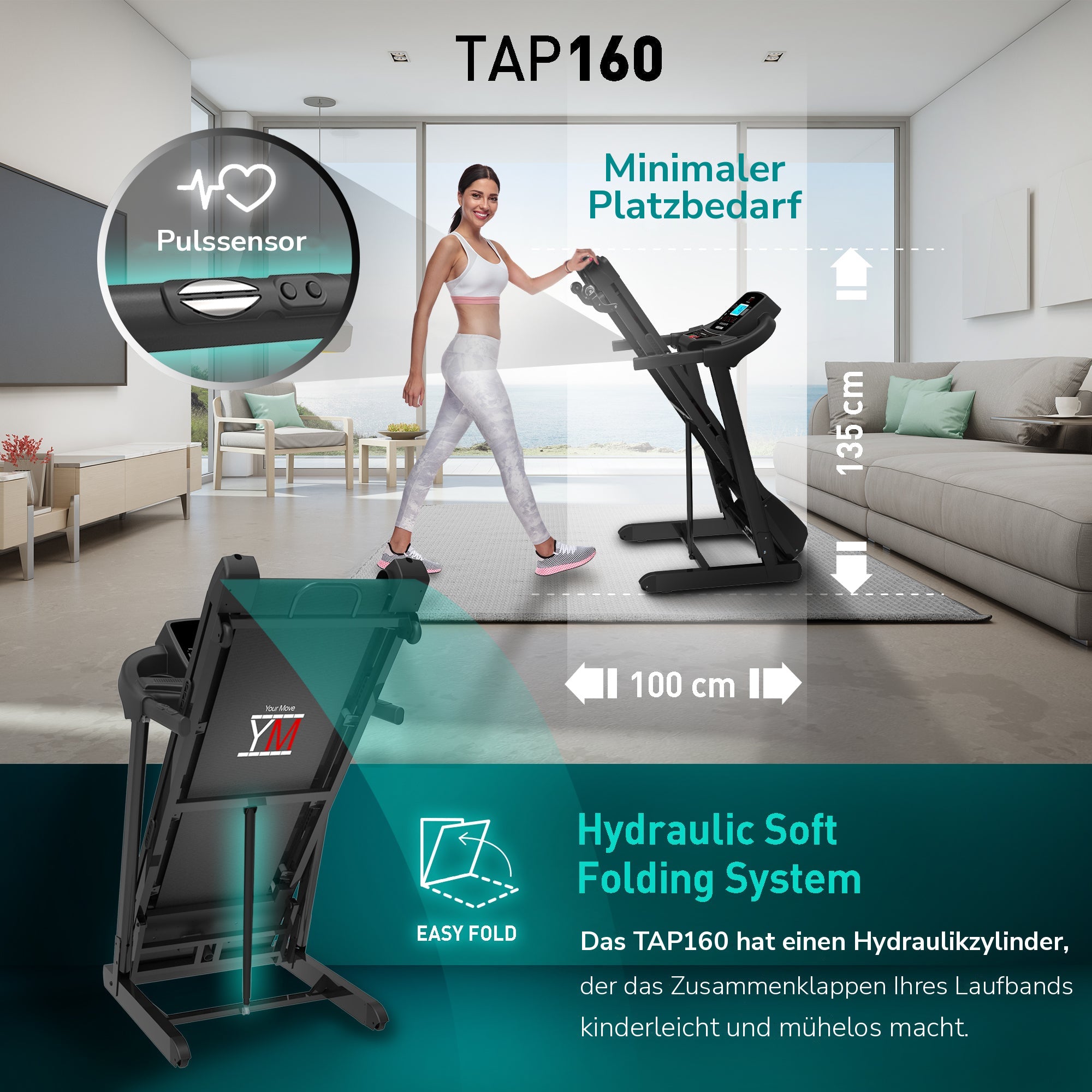 Laufband TAP 160: Pulssensor, geringer Platzbedarf (135 x 100 cm) und Hydraulikzylinder zum mühelosen Zusammenklappen