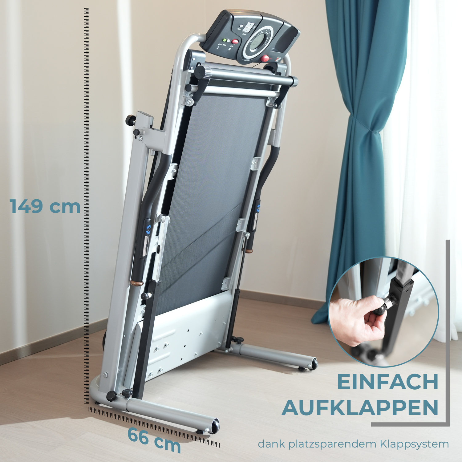 Laufband TAP X120 BEAR zusammengeklappt: einfach aufzuklappen, platzsparend, 149 x 66 cm