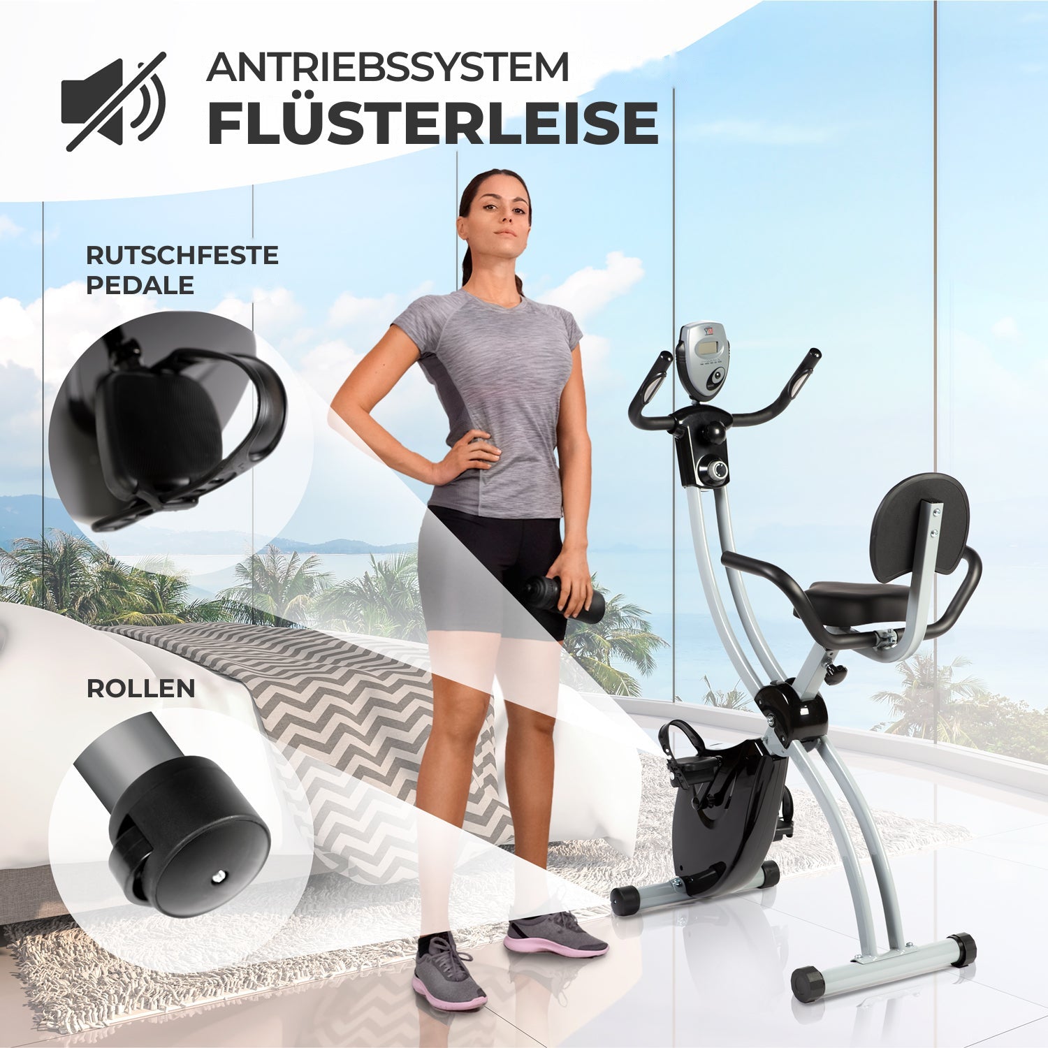 Bike TOP: flüsterleises Antriebssystem, rutschfeste Pedale und Transportrollen