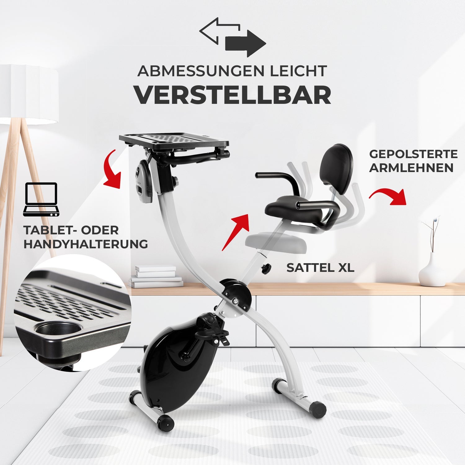 Bike TOP: leicht verstellbare Abmessungen, gepolsterte Armlehnen, XL-Sattel und Tablet- oder Handyhalterung
