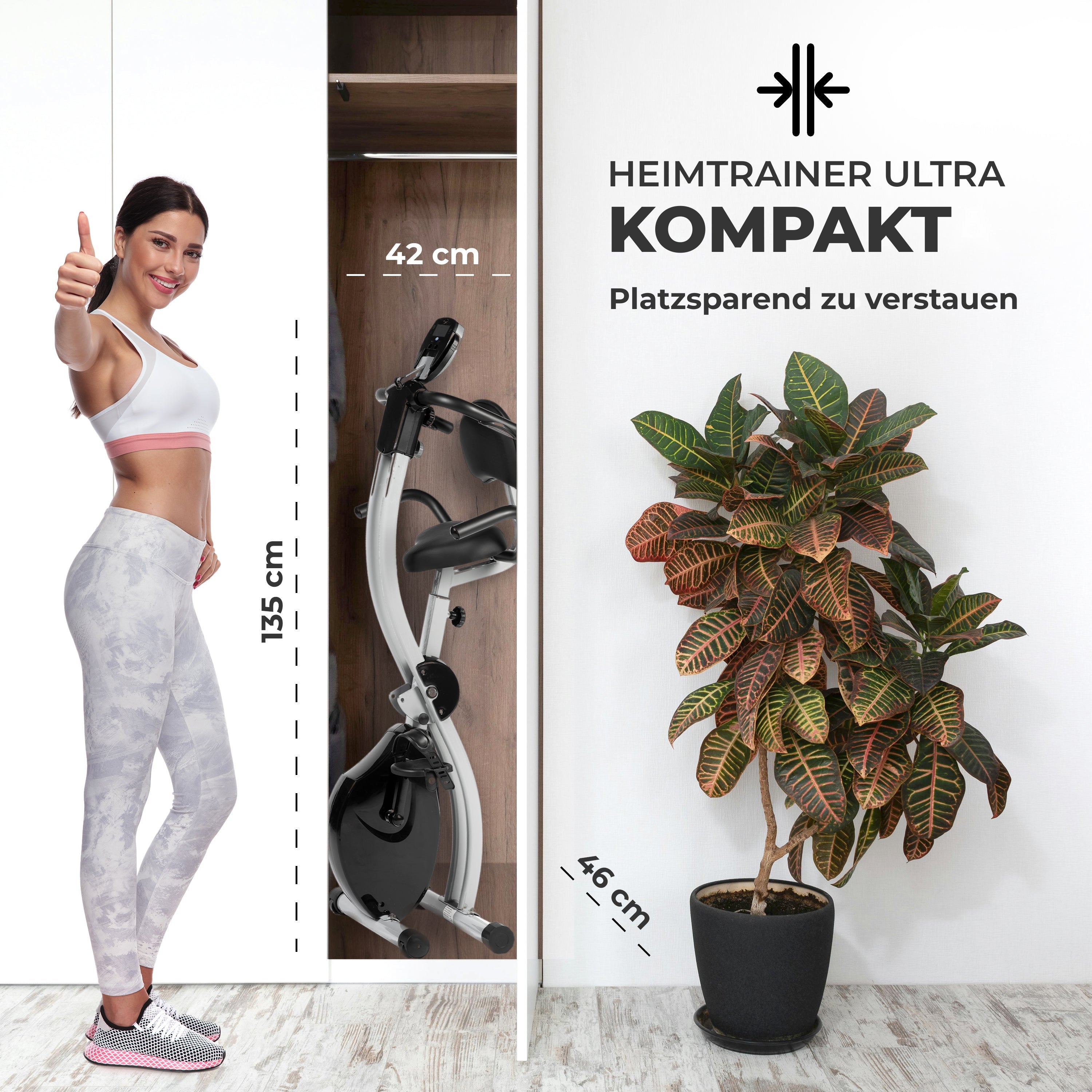 Klappbarer Heimtrainer Bike TOP, ultrakompakt: im Schrank verstaubar, 42 x 135 x 46 cm