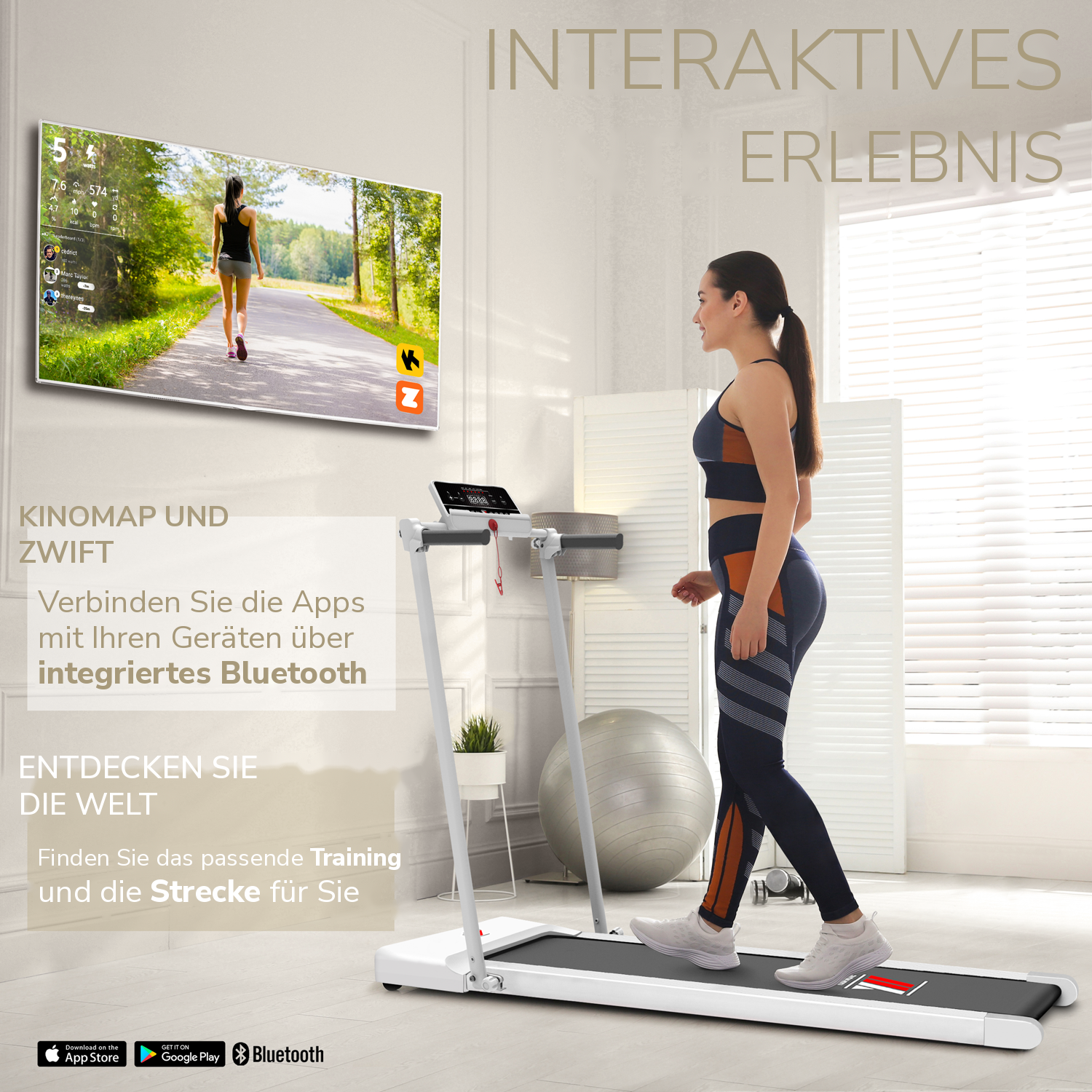 Laufband NEXT 1000 weiß, generalüberholt: interaktives Erlebnis mit Kinomap und Zwift