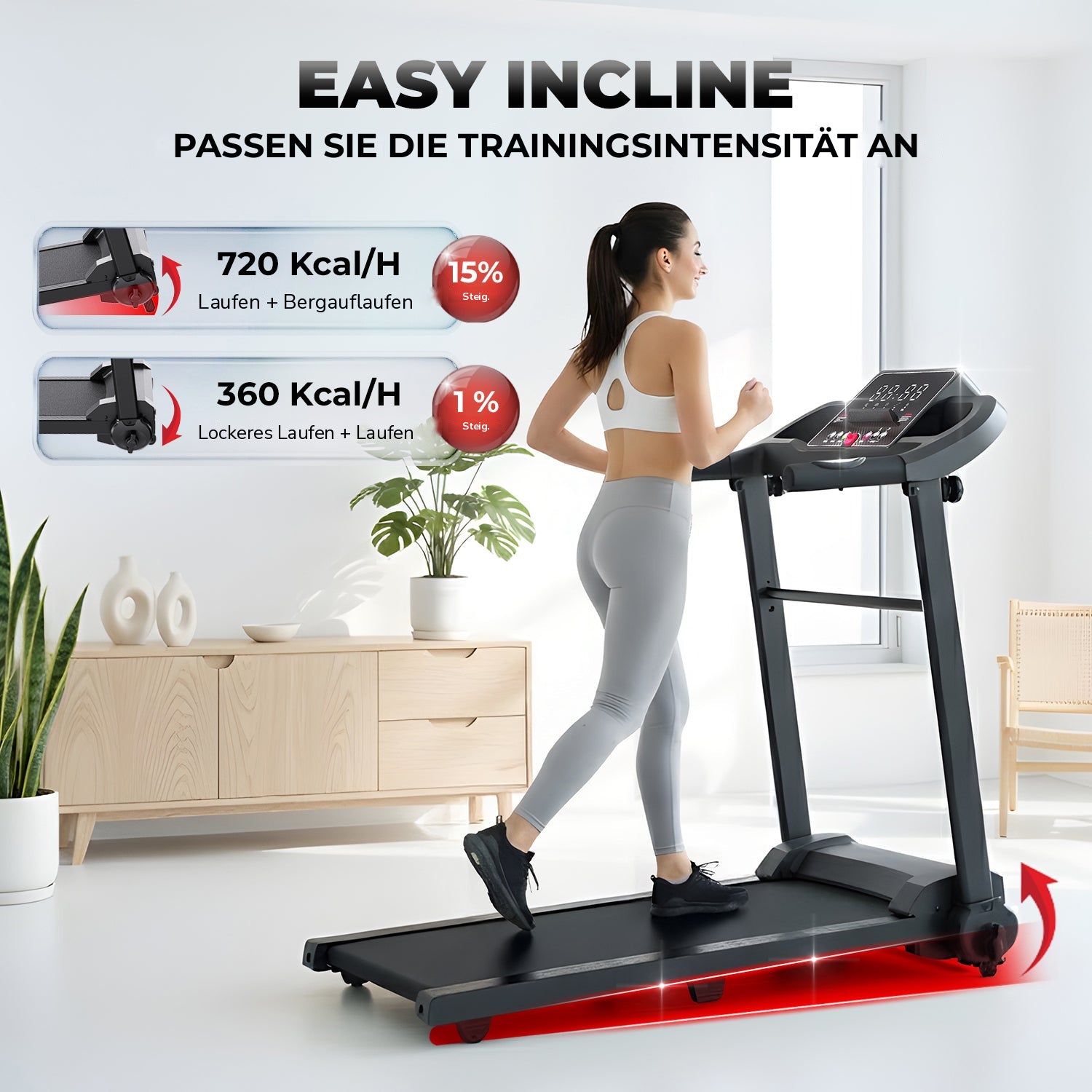 NEXT 1500 PRO Easy Incline: Stellen Sie die Intensität Ihres Trainings ein, Steigung 1 % bis 15 %