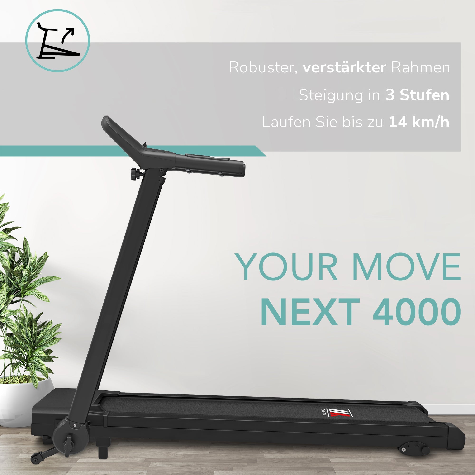 Laufband NEXT 4000, verstärkter Rahmen, 3 Steigungsstufen, bis zu 14 km/h