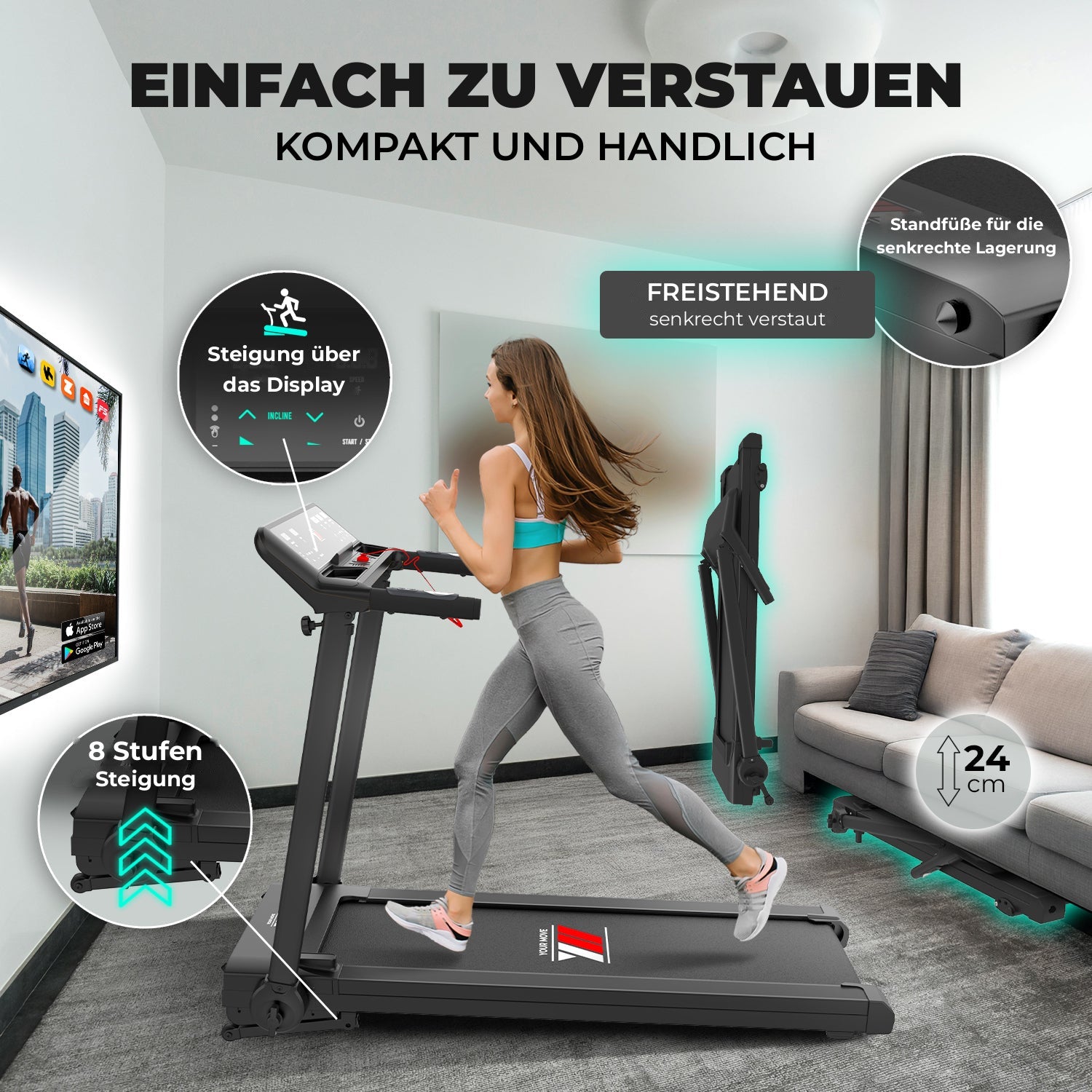 Laufband NEXT 4000 PRO schwarz, generalüberholt: klappbar und freistehend, leicht zu verstauen