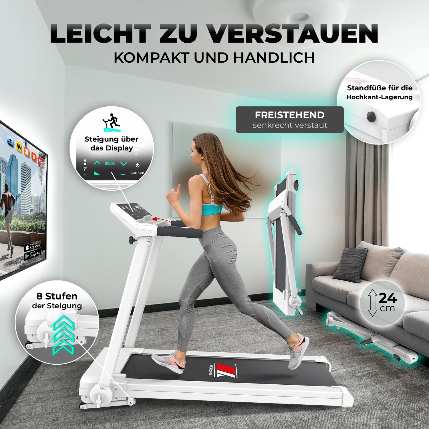 Laufband NEXT 4000 PRO klappbar und freistehend, leicht zu verstauen, 8 Steigungsstufen