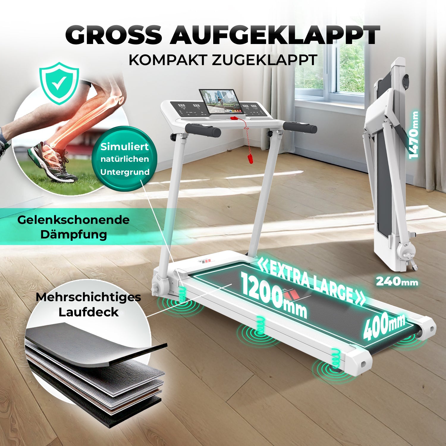 NEXT 4000 PRO groß aufgeklappt, kompakt zugeklappt, mehrschichtiges Laufdeck und gelenkschonende Dämpfung