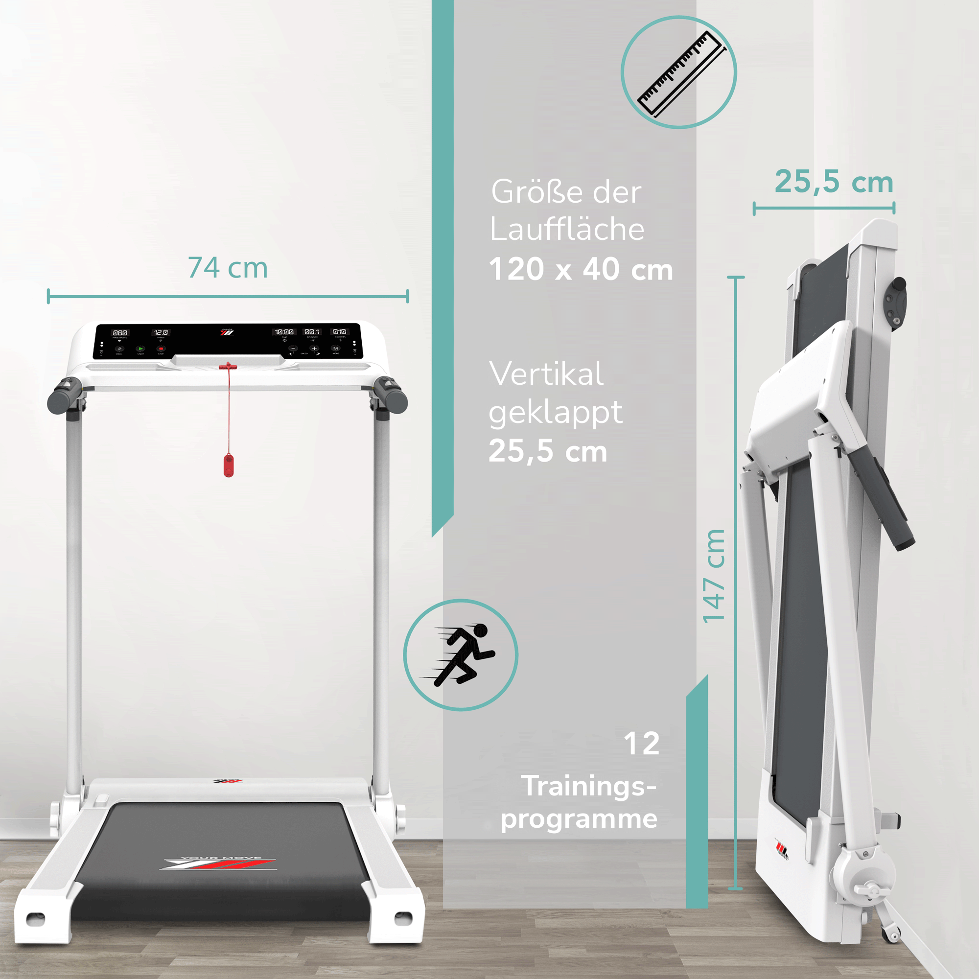 Laufband NEXT 4000 Your Move: Lauffläche 120 x 40 cm, vertikal geklappt 25,5 cm, 12 Trainingsprogramme