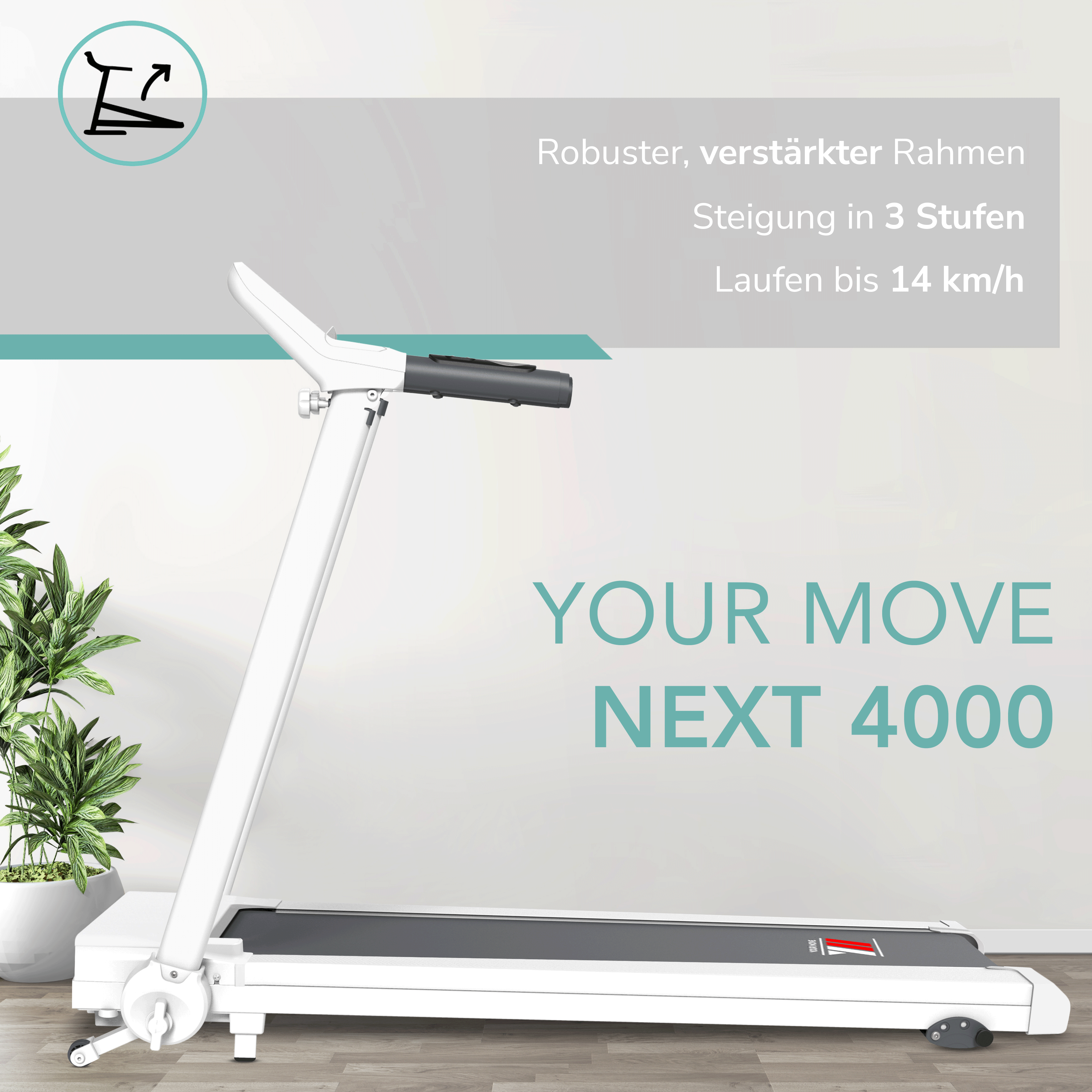 Laufband NEXT 4000 Your Move generalüberholt: robuster, verstärkter Rahmen, Steigung in 3 Stufen, bis 14 km/h