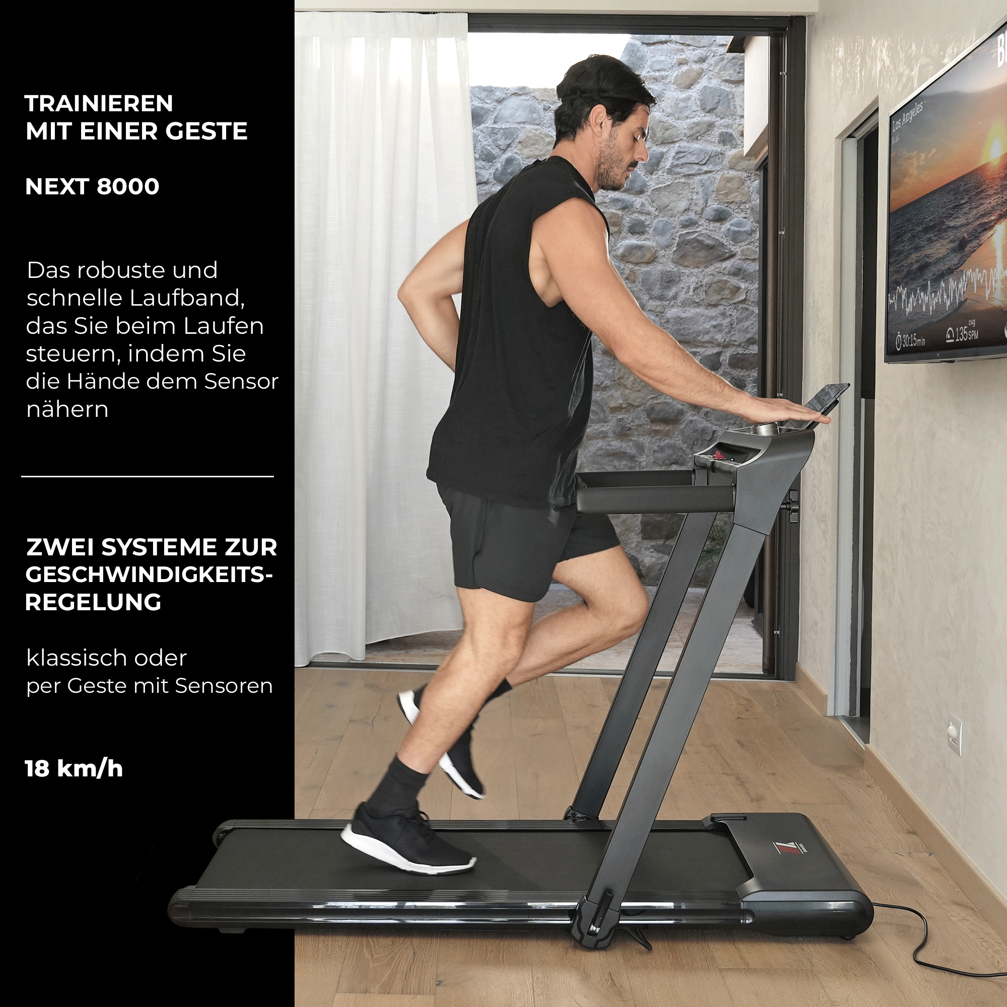 Laufband NEXT 8000 schwarz, generalüberholt: Steuerung mit einer Geste und zwei Systeme zur Geschwindigkeitsregelung