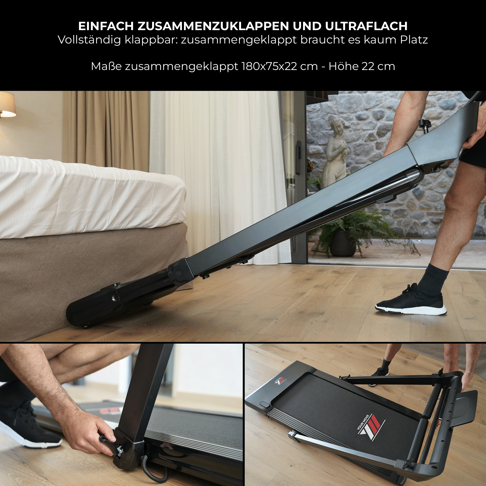 Laufband NEXT 8000 schwarz, generalüberholt: einfach zusammenzuklappen und ultraflach, zusammengeklappt 180 x 75 x 22 cm