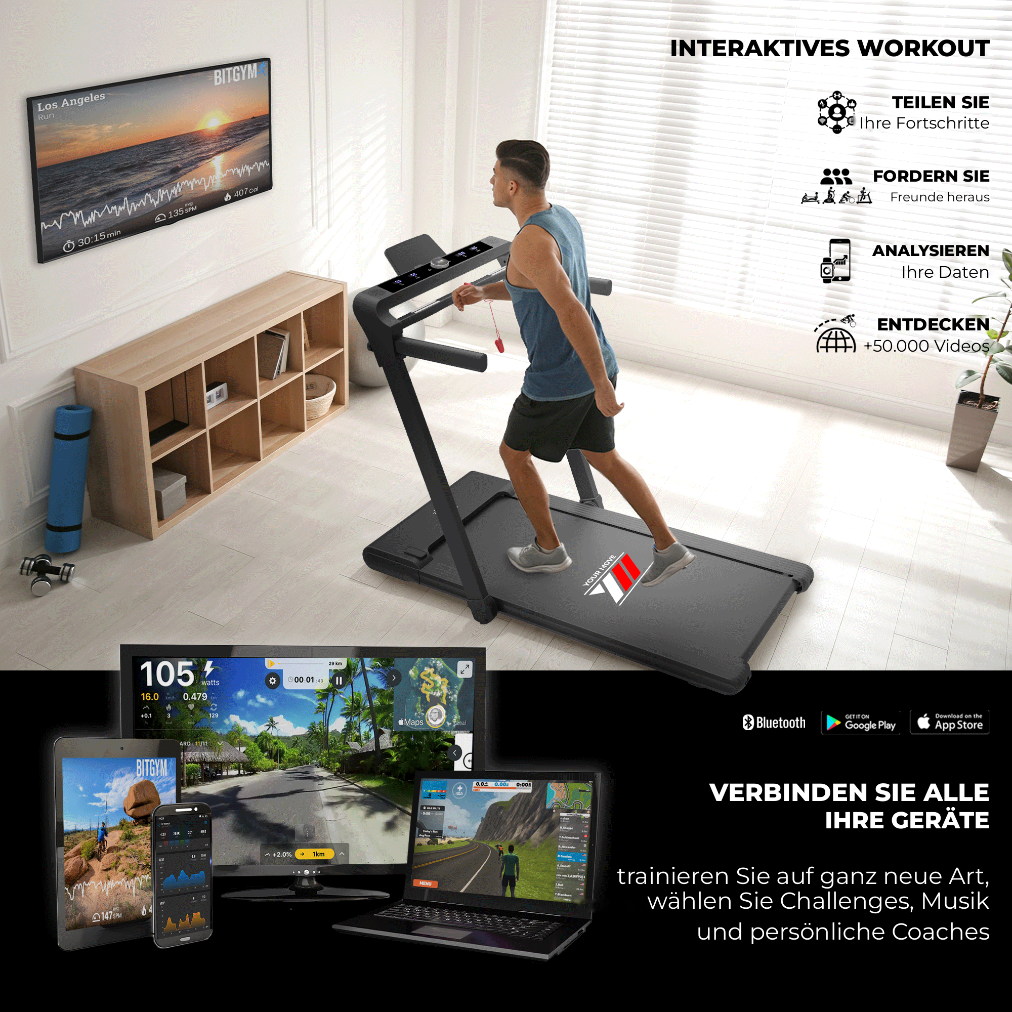 Laufband NEXT 8000 schwarz, generalüberholt: interaktives Workout mit Apps auf Tablet, Smartphone und Laptop