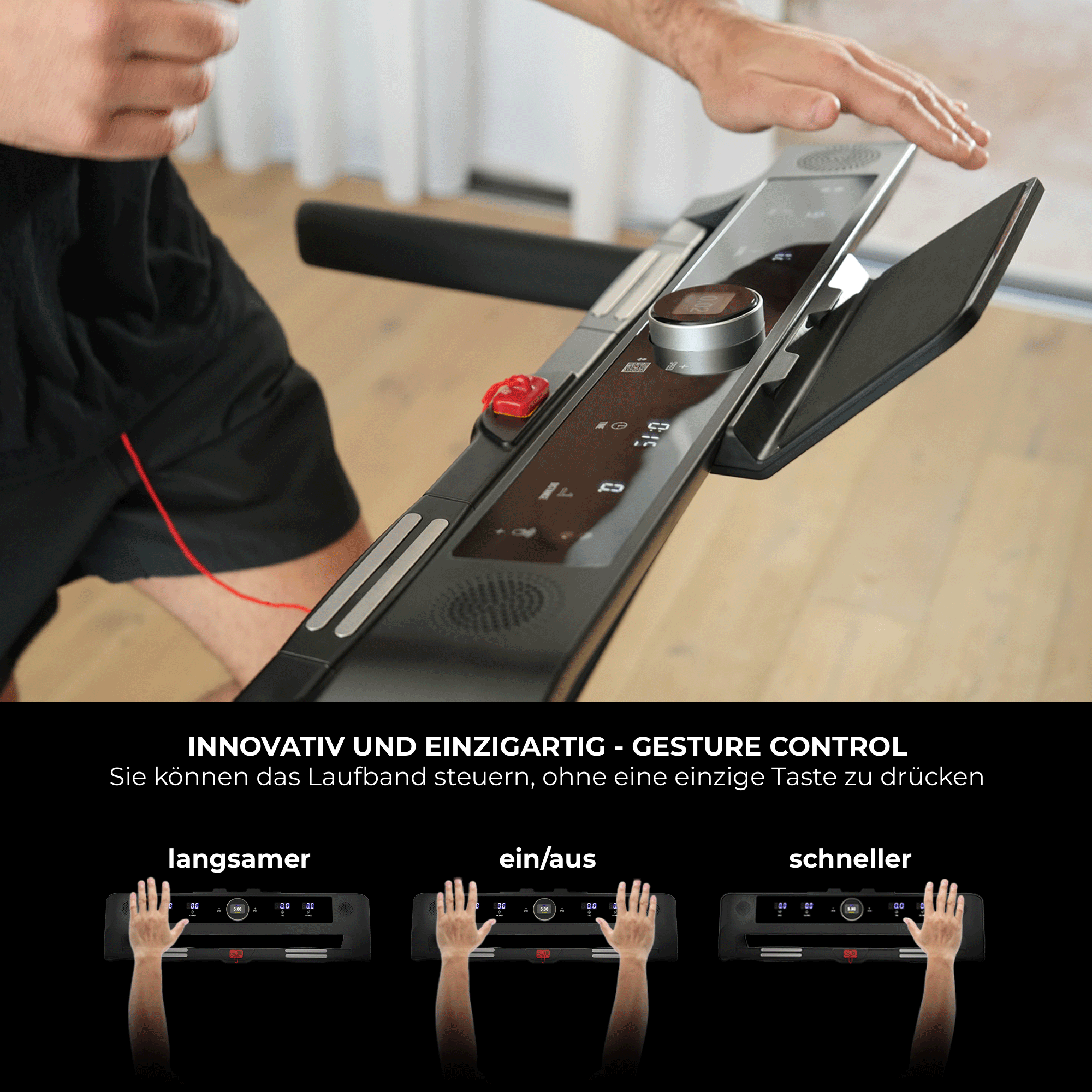 Laufband NEXT 8000 schwarz, generalüberholt: Gesture Control – langsamer, Start/Stopp, schneller