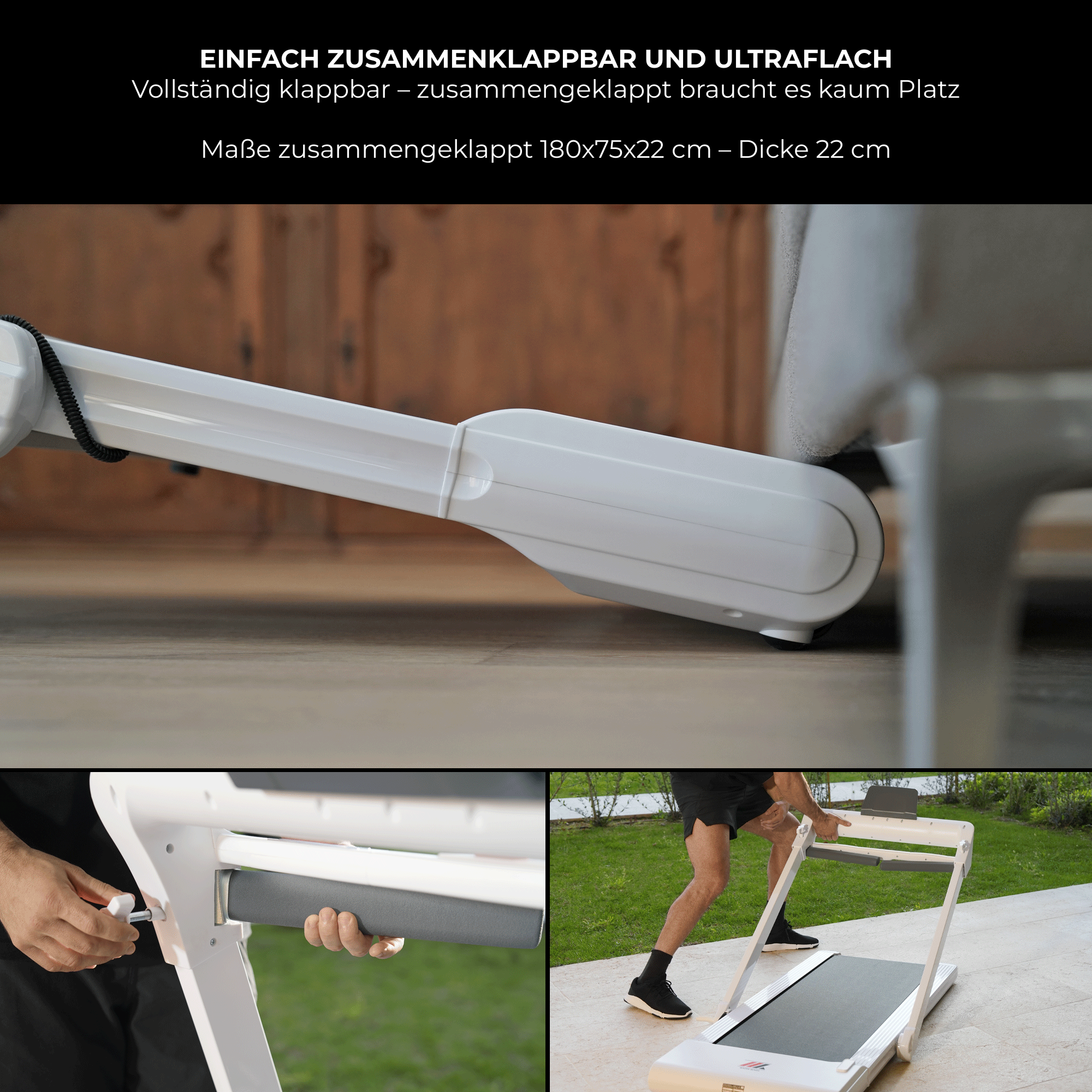 Generalüberholtes Laufband NEXT 8000 weiß: einfach zusammenklappbar und ultraflach, 22 cm dick