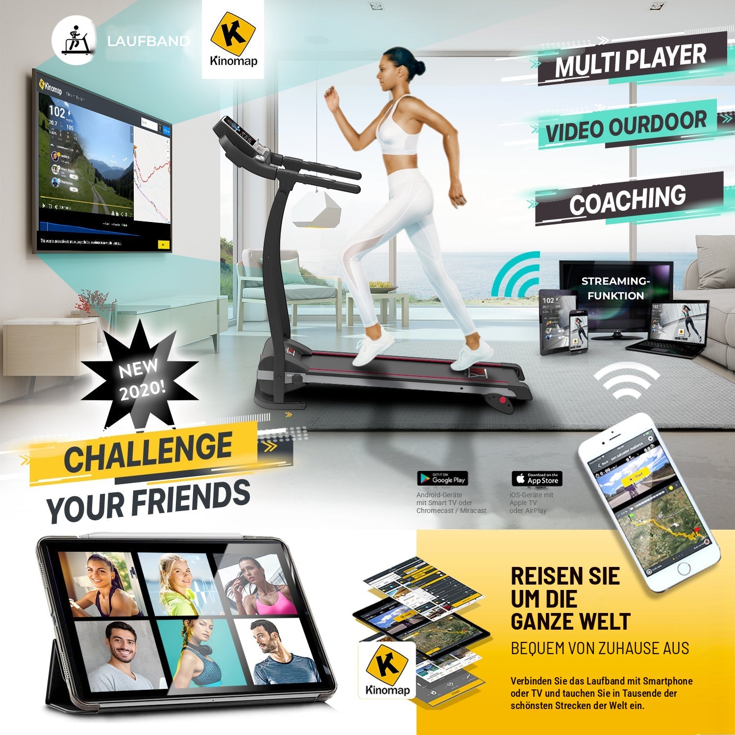 Laufband TAP 100 APP generalüberholt: Kinomap und Streaming-Funktion