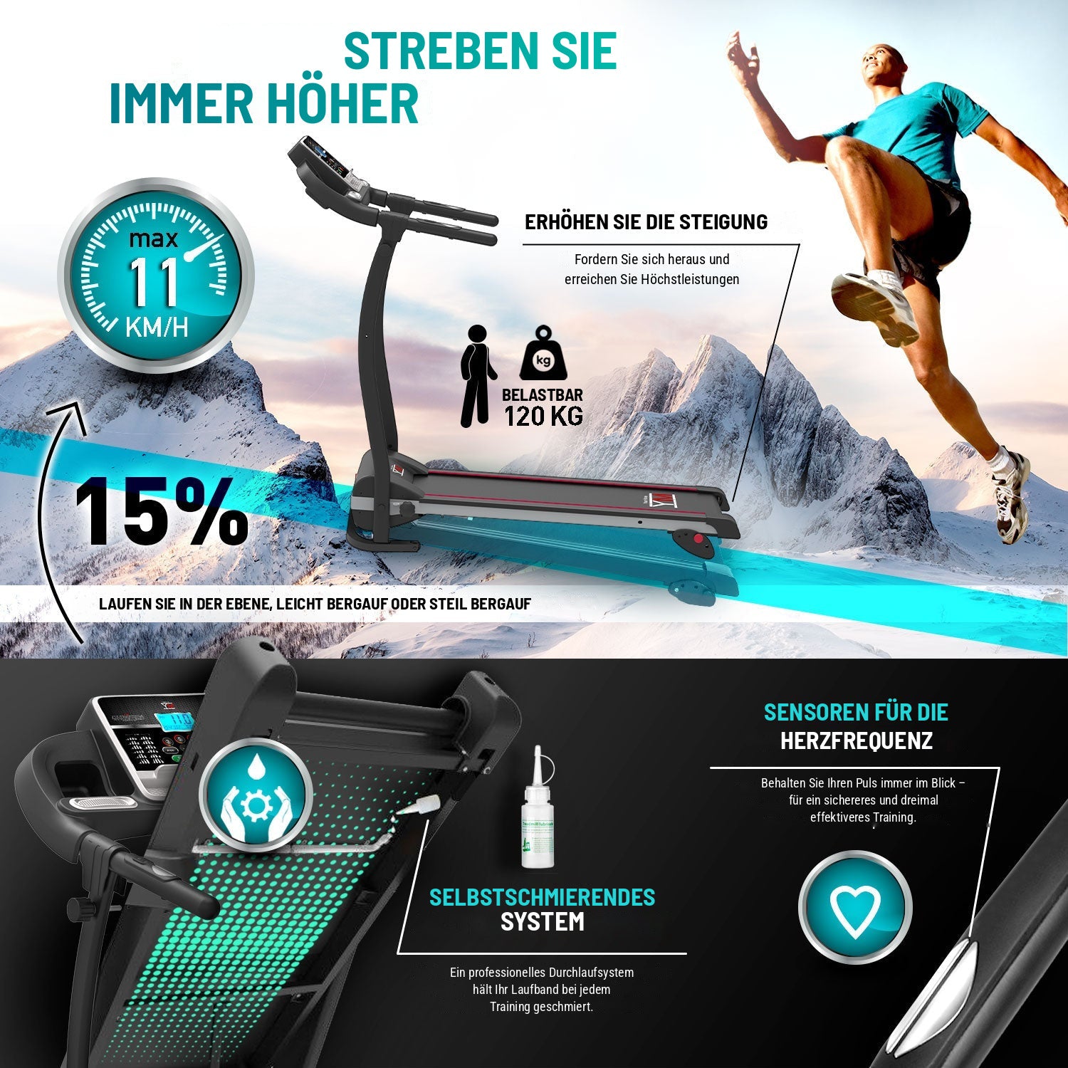 Laufband TAP 100 APP generalüberholt: Steigung 15 %, Pulssensoren und Schmiersystem