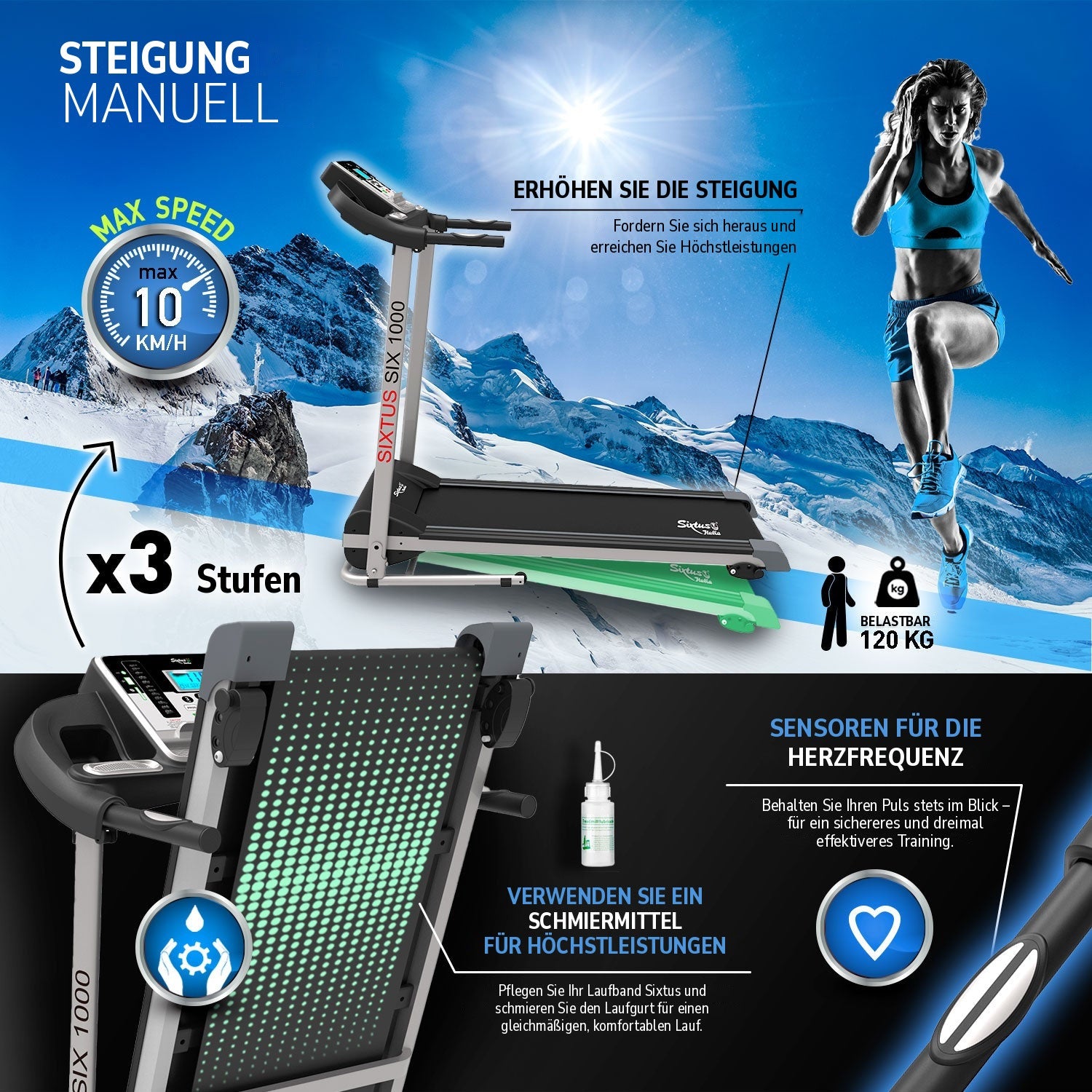 Laufband Sixtus SIX 1000: manuelle Steigung in 3 Stufen, belastbar bis 120 kg, Pulssensoren