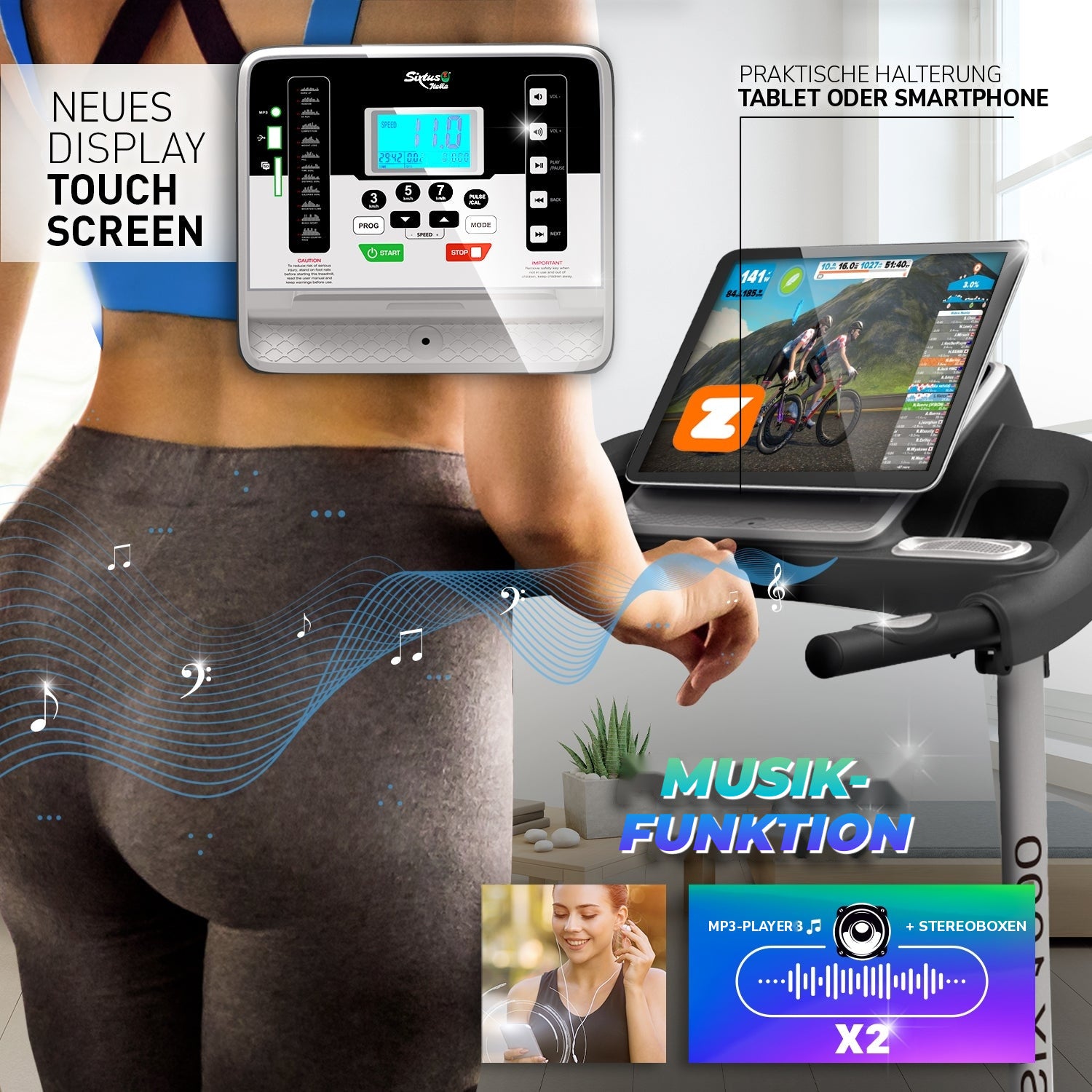 Laufband TAP SIX 1000 Your Move: Touchscreen-Display, Halterung für Tablet oder Smartphone, MP3-Player und Stereolautsprecher