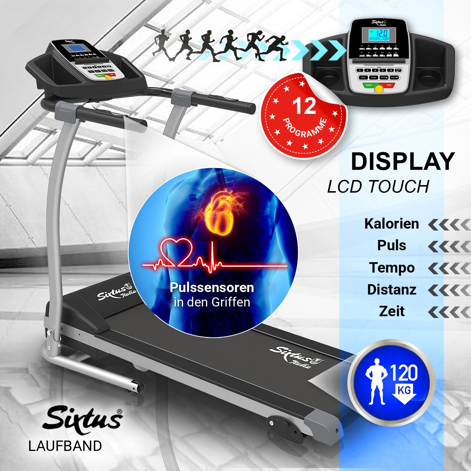 Laufband Sixtus SIX-1200: Display, Programme und Pulssensoren in den Griffen
