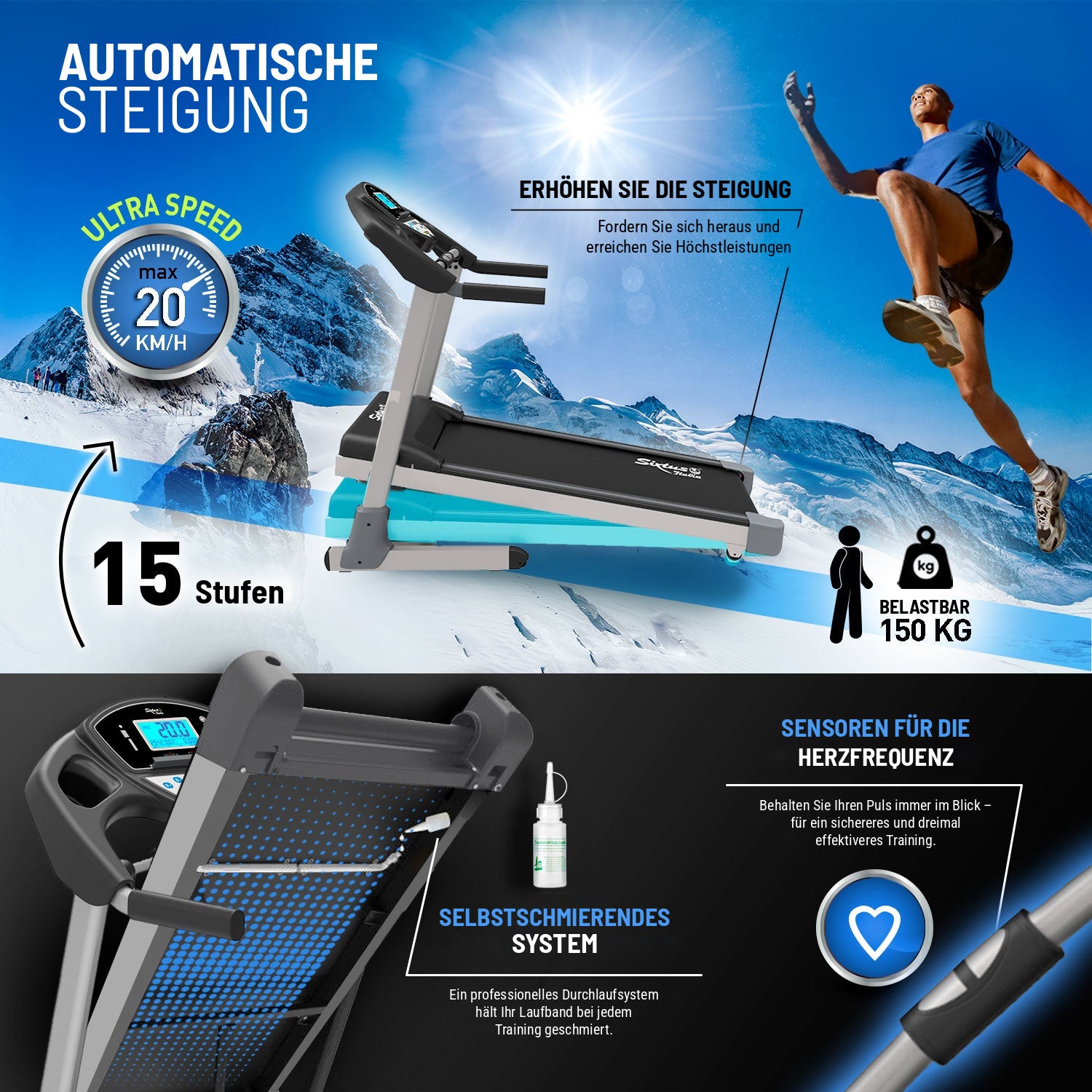 Laufband Sixtus SIX 3000: automatische Steigung, Pulssensoren und Selbstschmiersystem