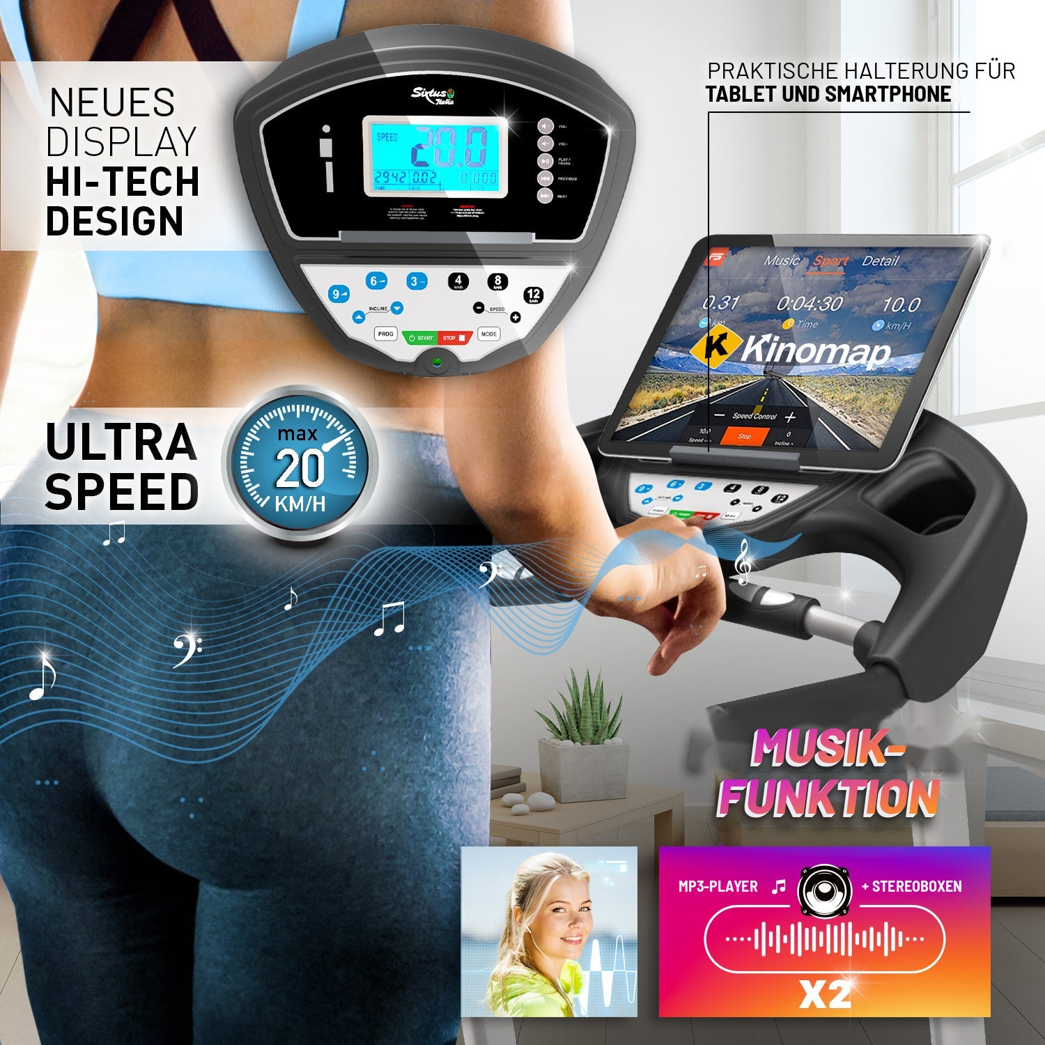Laufband Sixtus SIX 3000: neues Display, Tablet- und Smartphone-Halterung, MP3-Player mit Stereoboxen