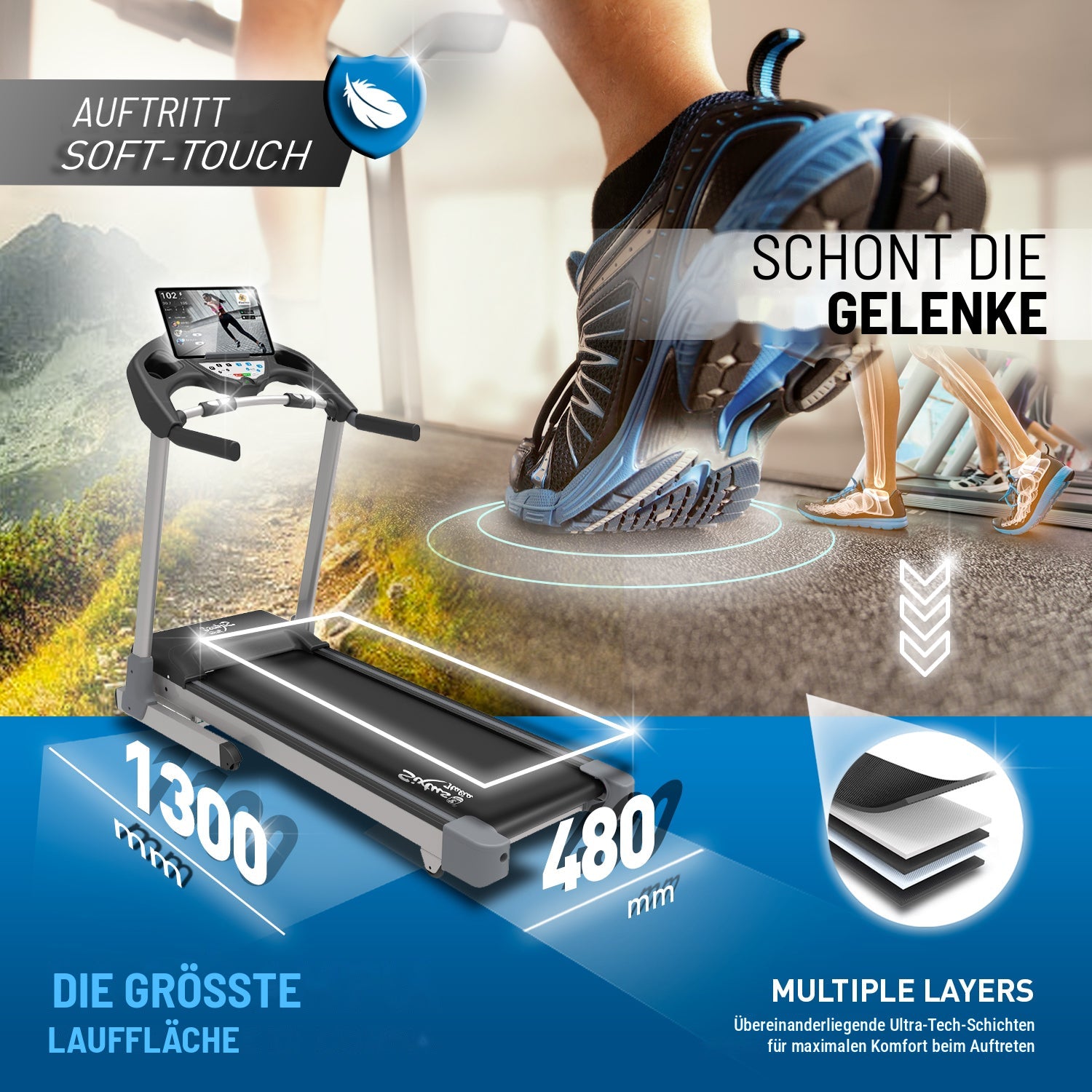 Laufband Sixtus SIX 3000: gelenkschonender Auftritt und große Lauffläche