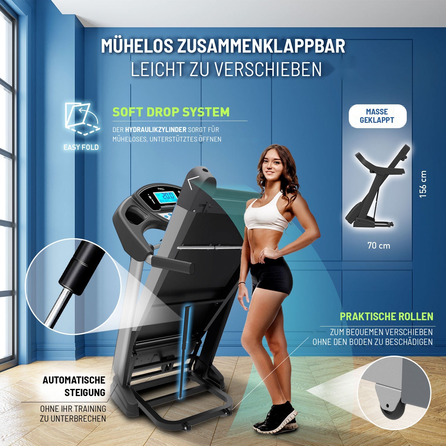 Laufband Sixtus SIX 3000: müheloses Zusammenklappen mit Hydraulikzylinder, Rollen und Maße