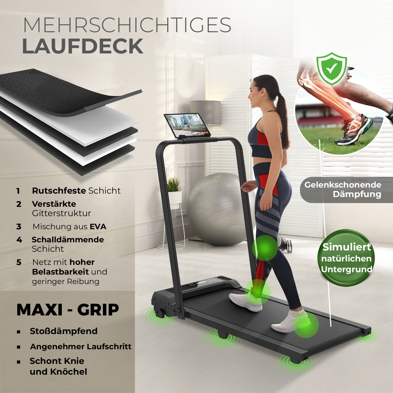 Laufband NEXT 500 PRO, rutschfestes mehrschichtiges Laufdeck mit gelenkschonender Dämpfung
