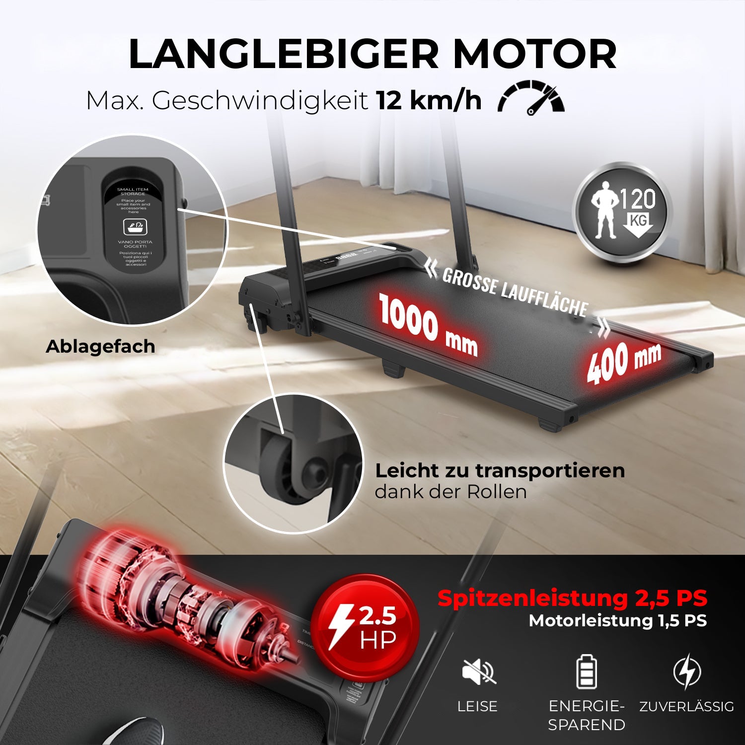 NEXT 500 PRO, langlebiger 1,5-PS-Motor, max. Geschwindigkeit 12 km/h, große Lauffläche und Transportrollen