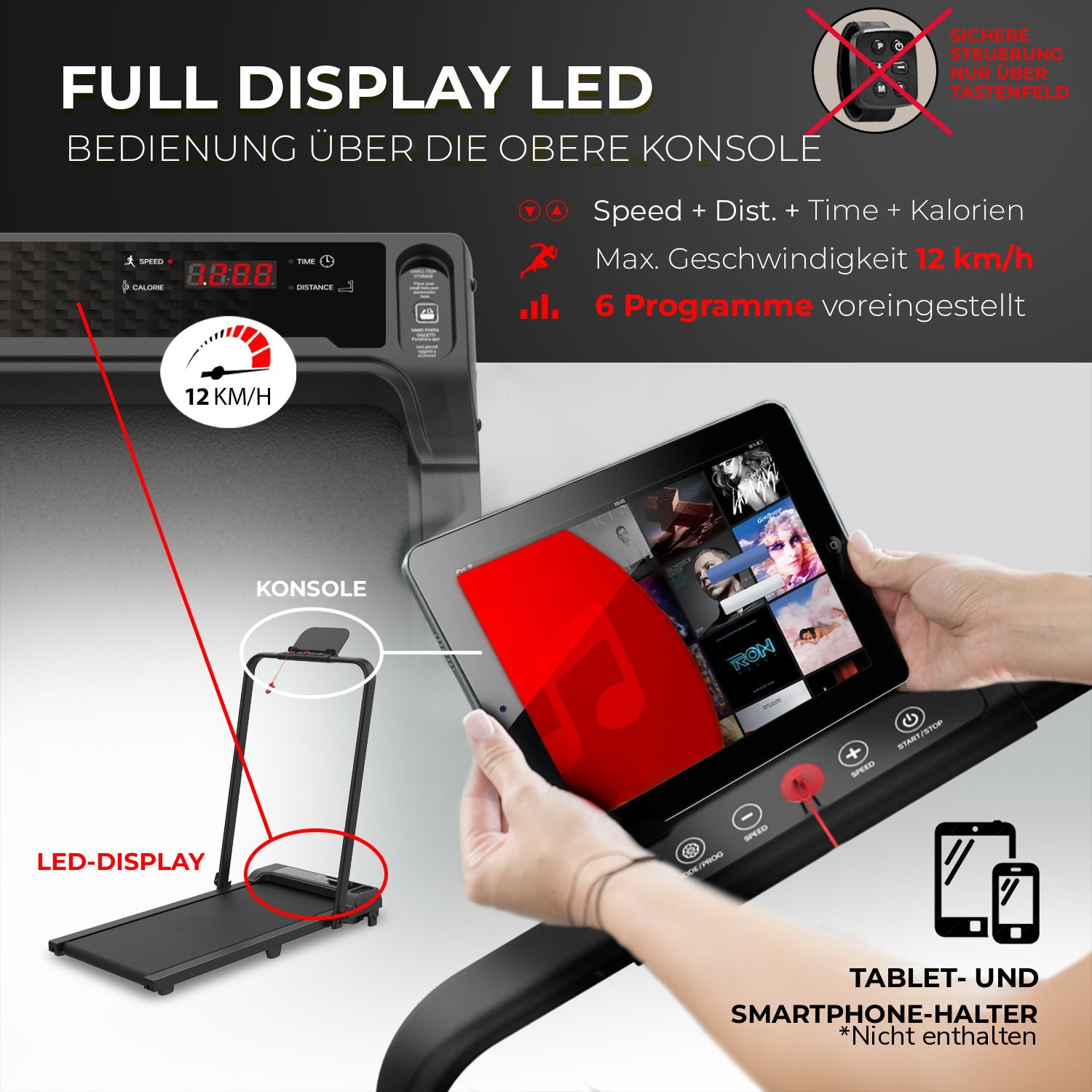 NEXT 500 PRO, LED-Display mit Bedienung an der hohen Konsole, 6 Programme sowie Tablet- und Smartphone-Halterung