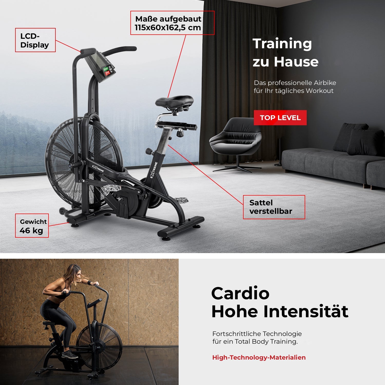 Air Bike AB Extreme professional: Display, Maße, verstellbarer Sattel, Gewicht 46 kg