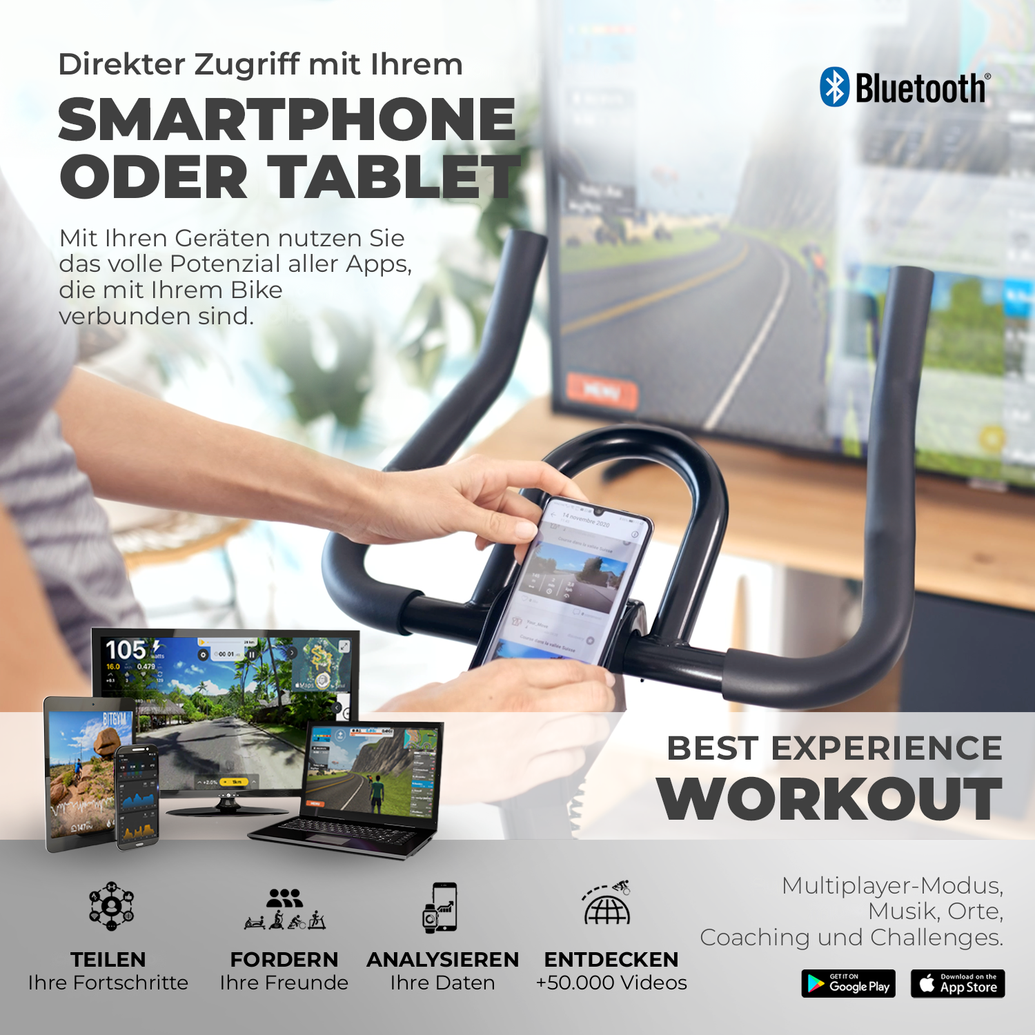 Spinning-Bike Spinn Bike 1500 mit Bluetooth: nutzen Sie die Apps auf Smartphone oder Tablet