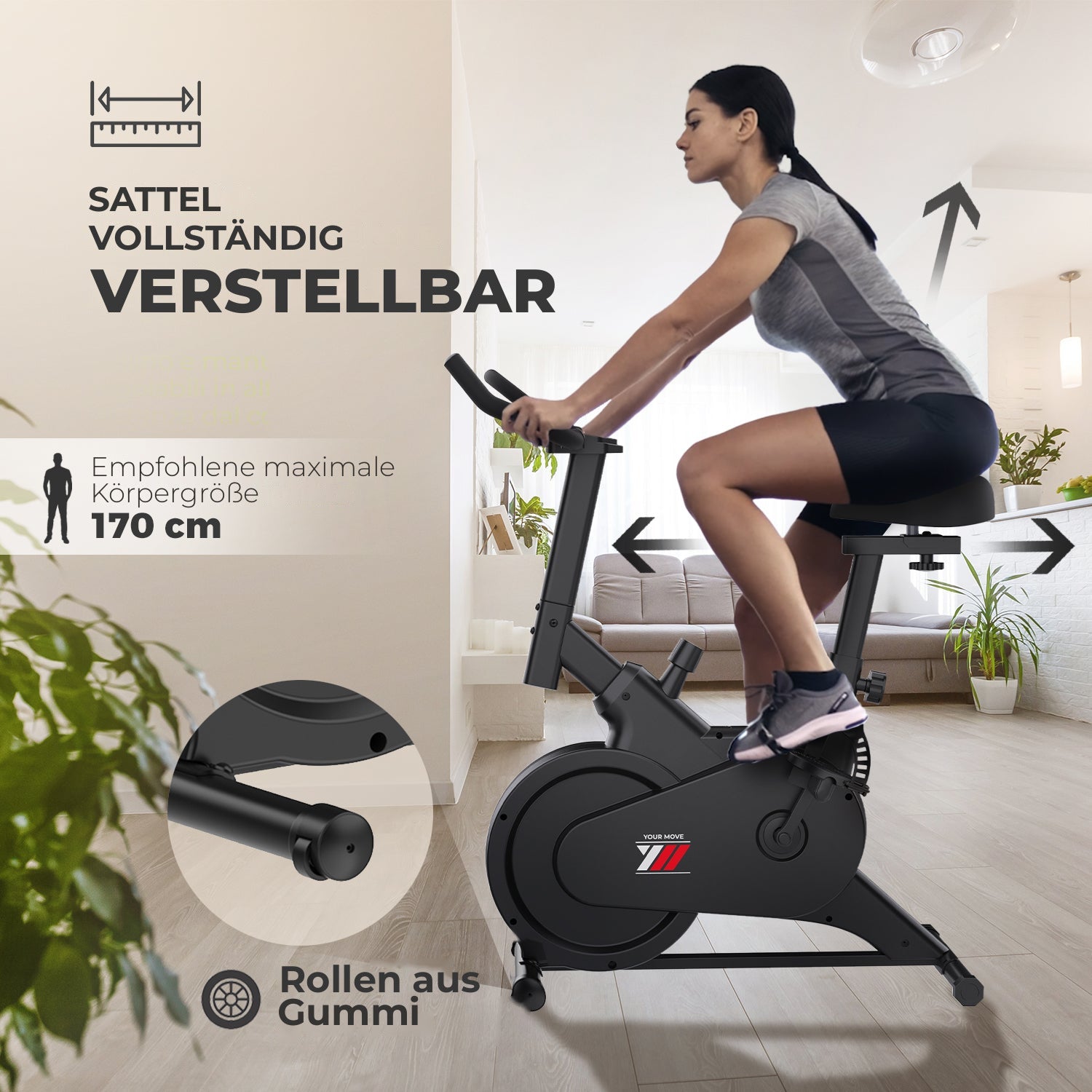 Spinn Bike 1500: vollständig verstellbarer Sattel, empfohlene maximale Körpergröße 170 cm, Rollen aus Gummi