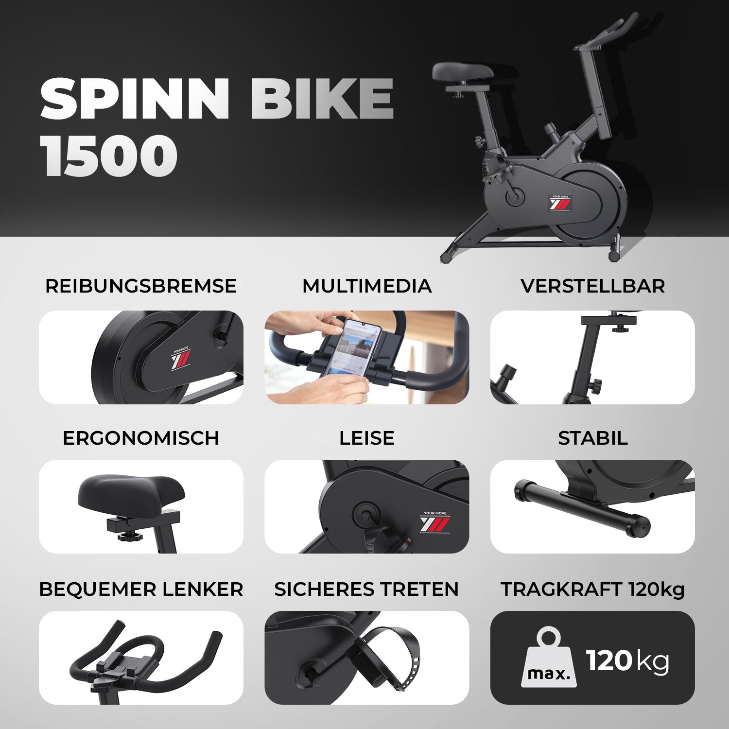 Spinn Bike 1500: Reibungsbremse, Multimedia, verstellbar, ergonomisch, leise, stabil, Tragkraft 120 kg