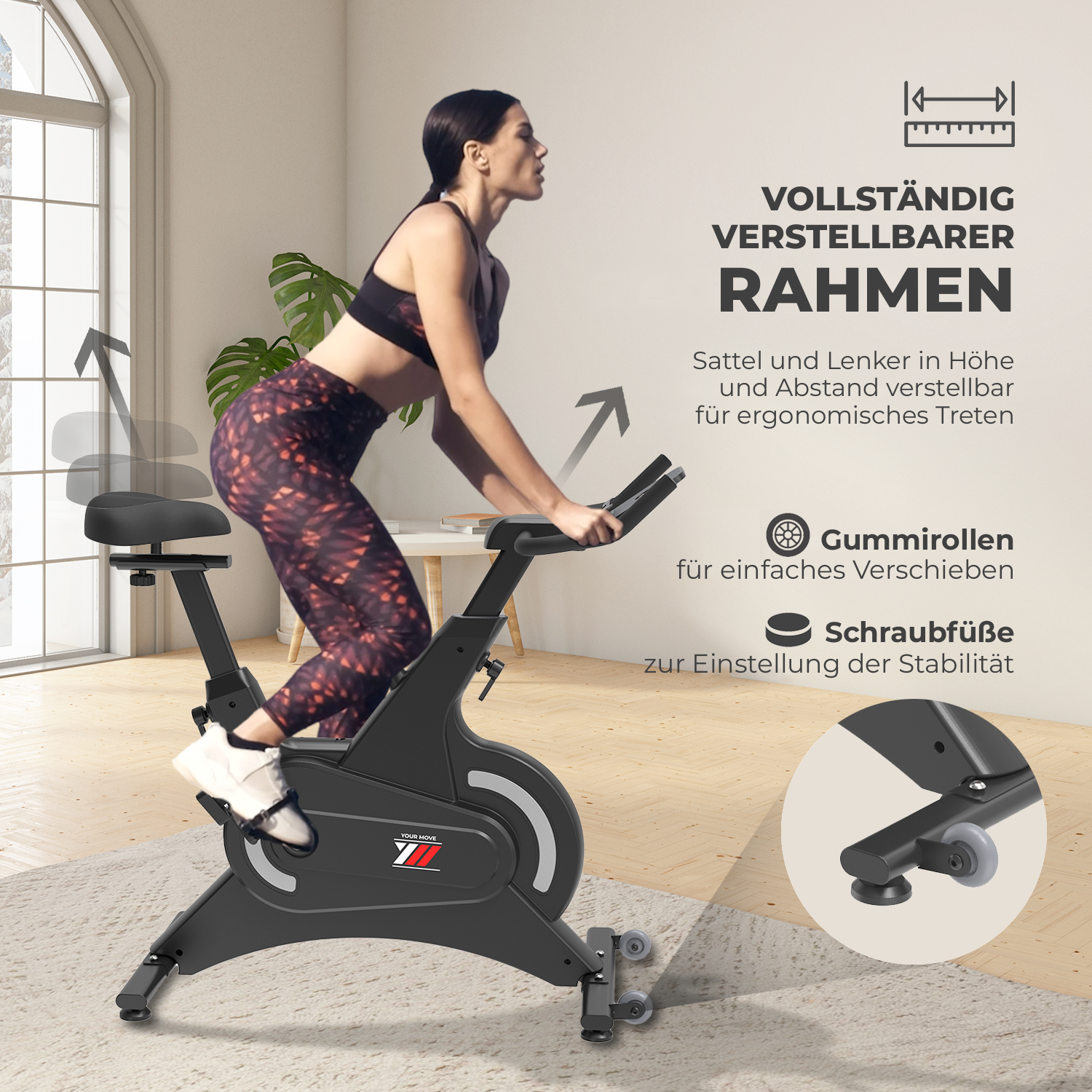 Spinn Bike 2500: vollständig verstellbare Konstruktion, Gummirollen und Schraubfüße