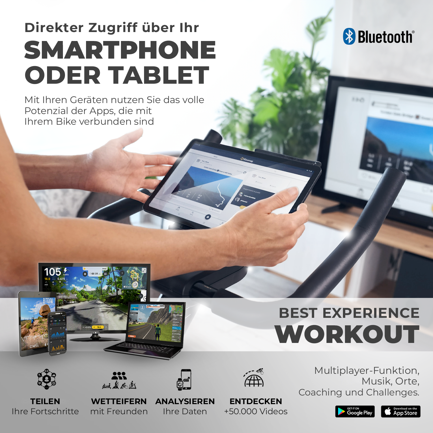 Spinning-Bike Spinn Bike 2500 mit Bluetooth: Nutzen Sie die Apps auf Smartphone oder Tablet