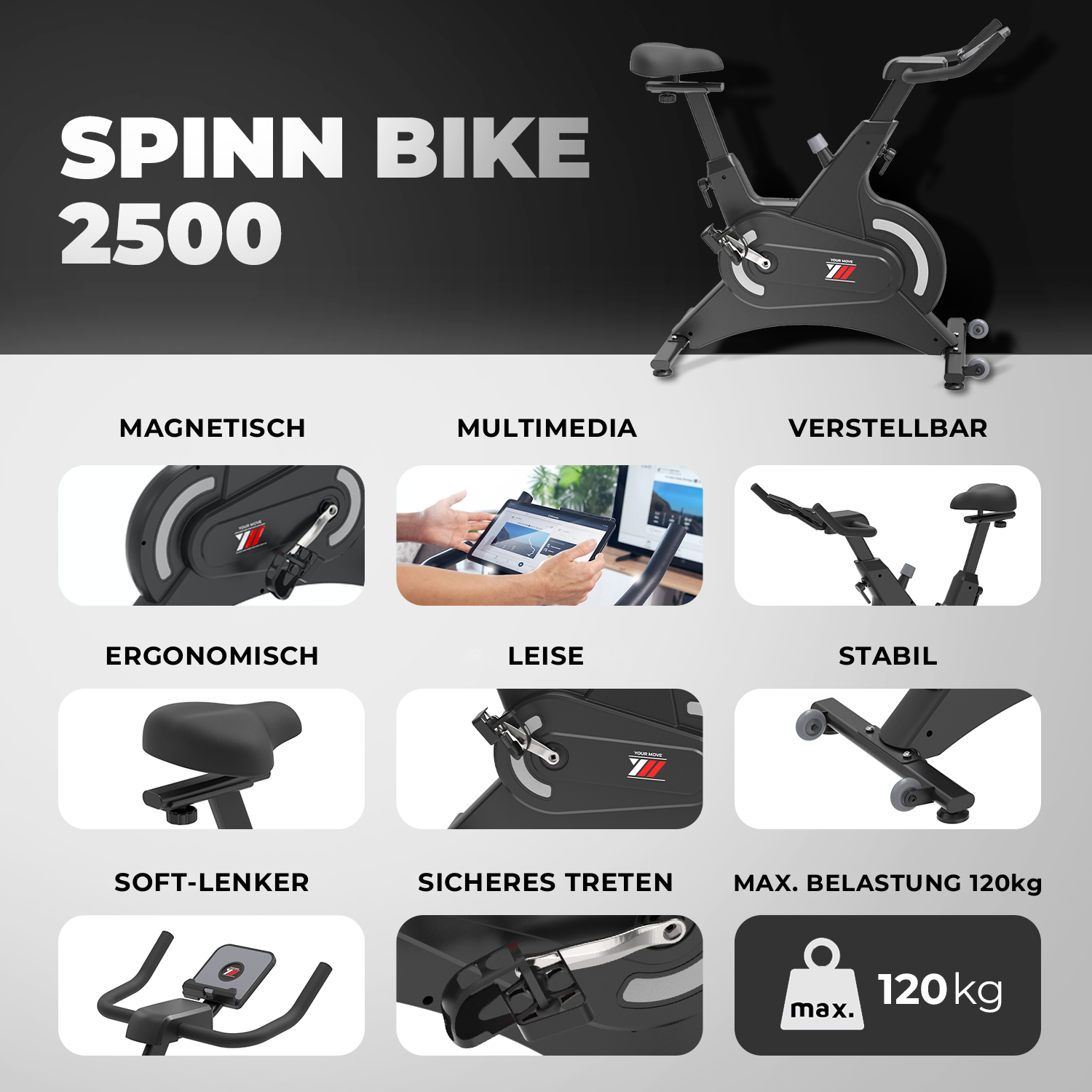 Spinn Bike 2500: magnetisch, multimedial, verstellbar, ergonomisch, leise, stabil, belastbar bis 120 kg