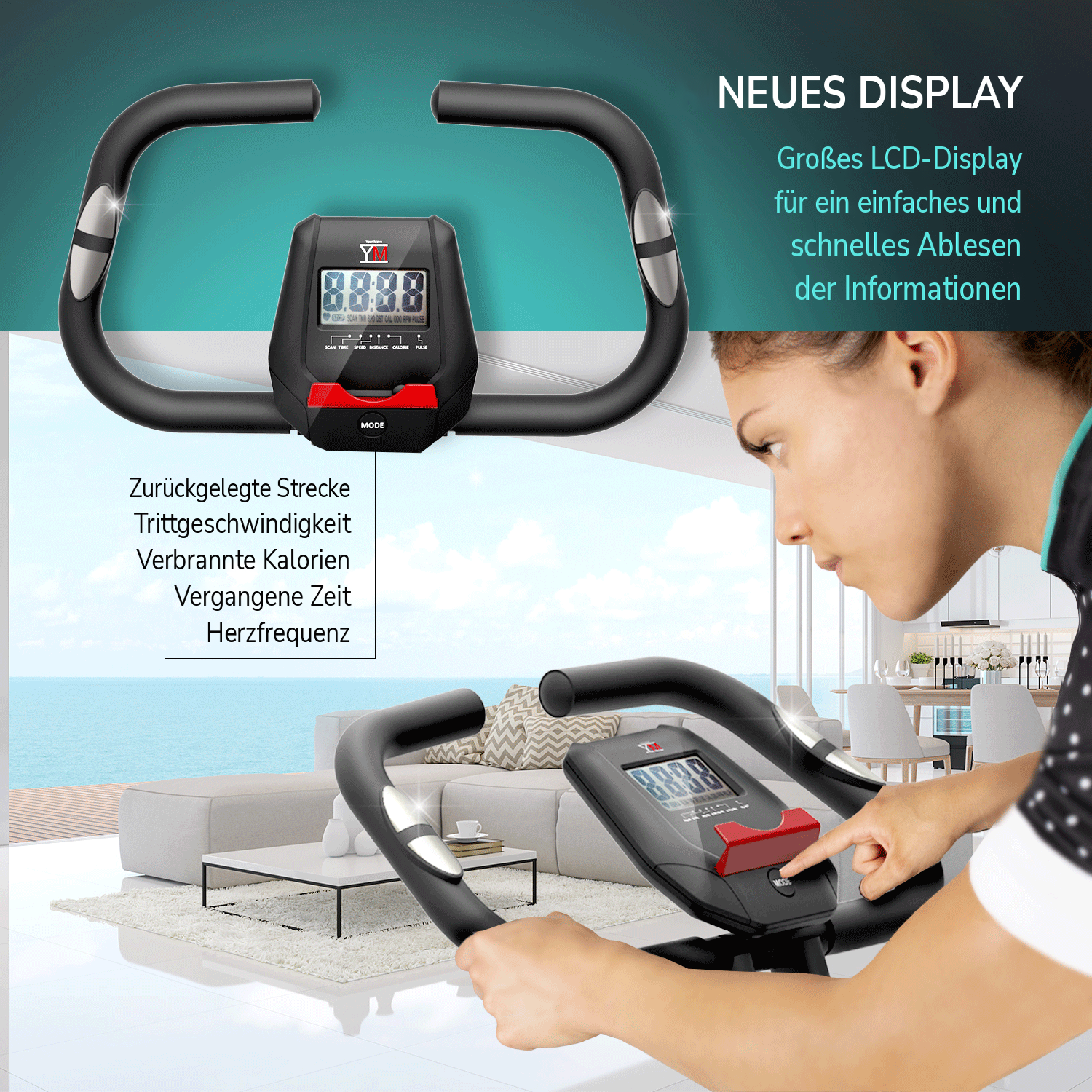 Bike NERO: neues LCD-Display (Distanz, Geschwindigkeit, Kalorien, Zeit, Herzfrequenz)