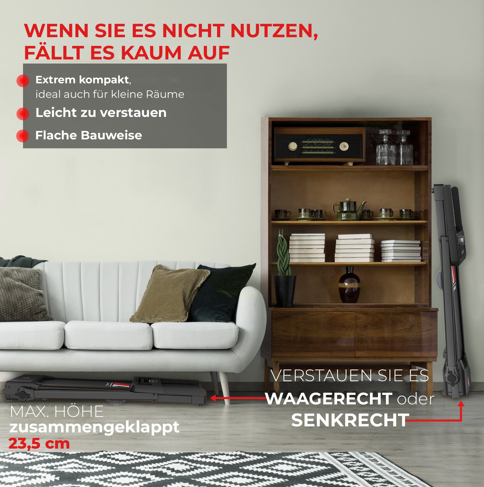 Klappbares Laufband NEXT 2000 PRO, 23,5 cm geklappt, flach oder aufrecht zu verstauen