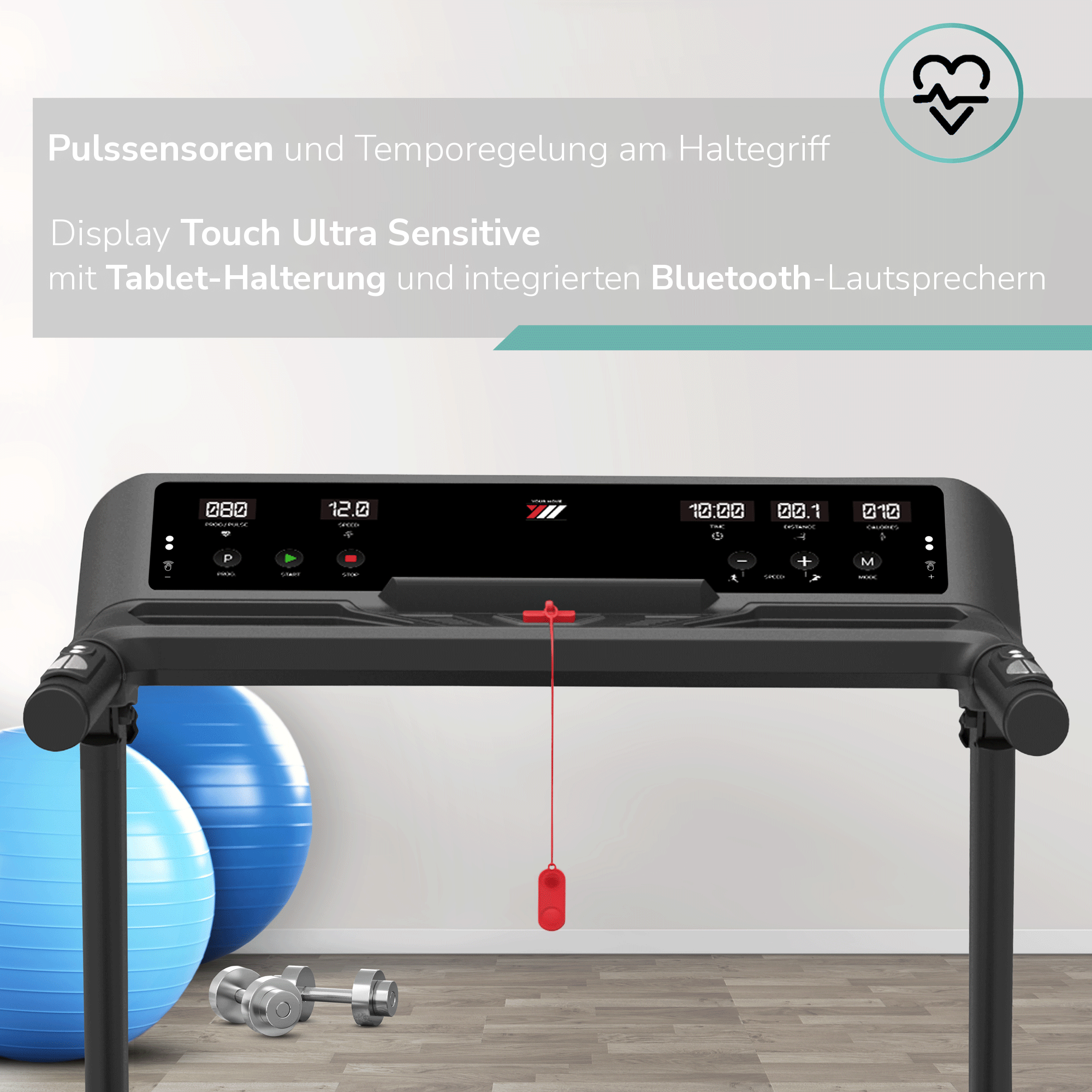 NEXT 4000: Pulssensoren und Temporegelung am Haltegriff, Touch-Display und Tablet-Halterung